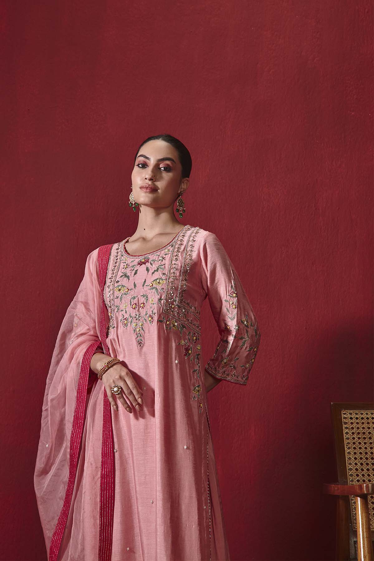Preeti Rose Pink Dupion Silk Kurta Set with Embroidered Organza Dupatta