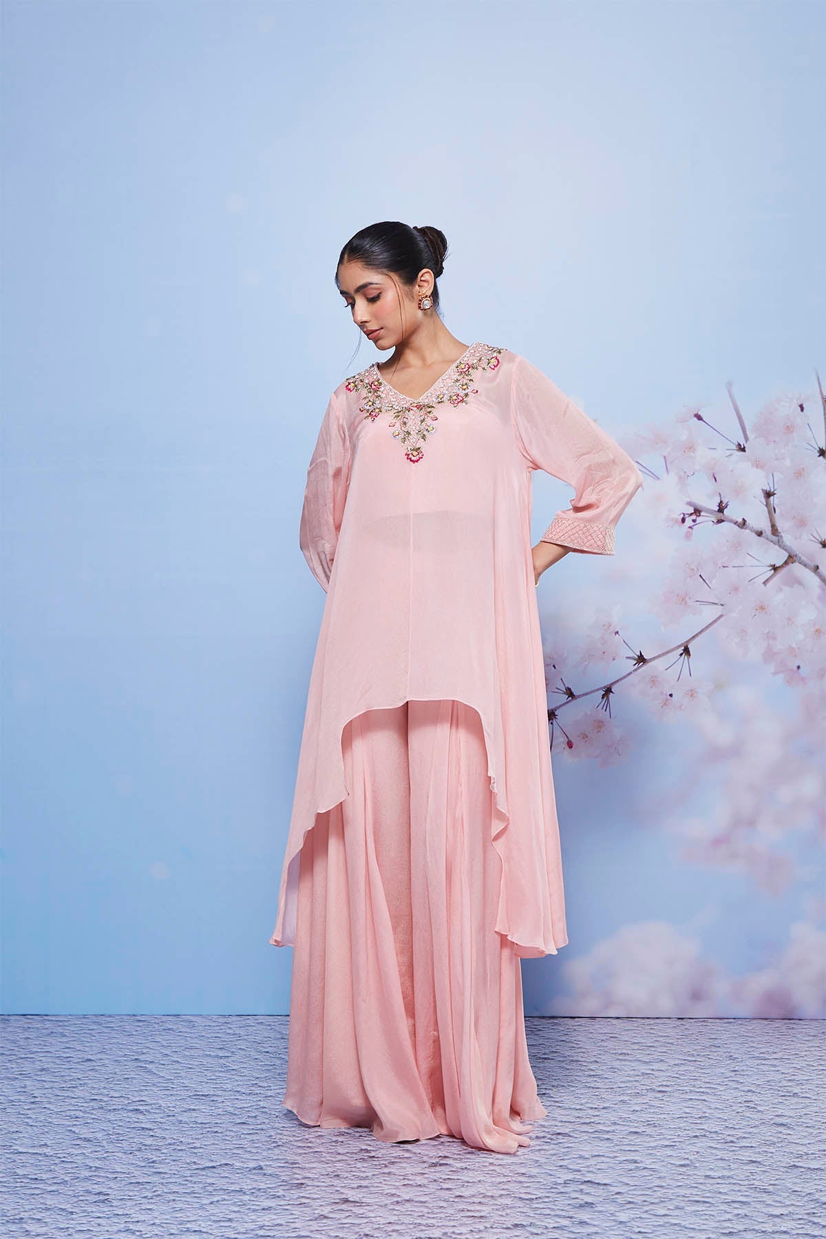Baby Pink Asymmetrical Kurta with Sharara and Bustier - Chanda