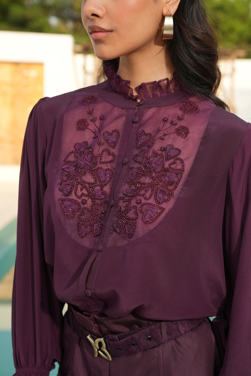 Elegant Wine Lace Dress - Cherry Lacquer Crepe & Silk Shorts Set