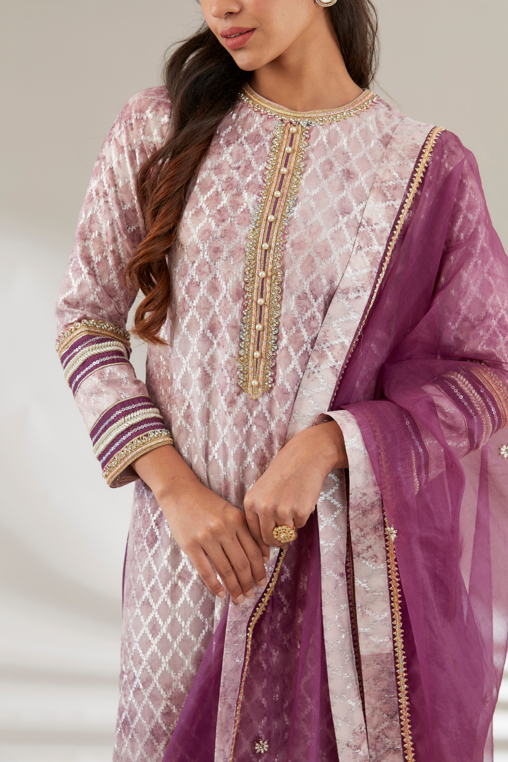 Rewa Purple Silk Suit Set with Embroidered Cuffs & Organza Dupatta