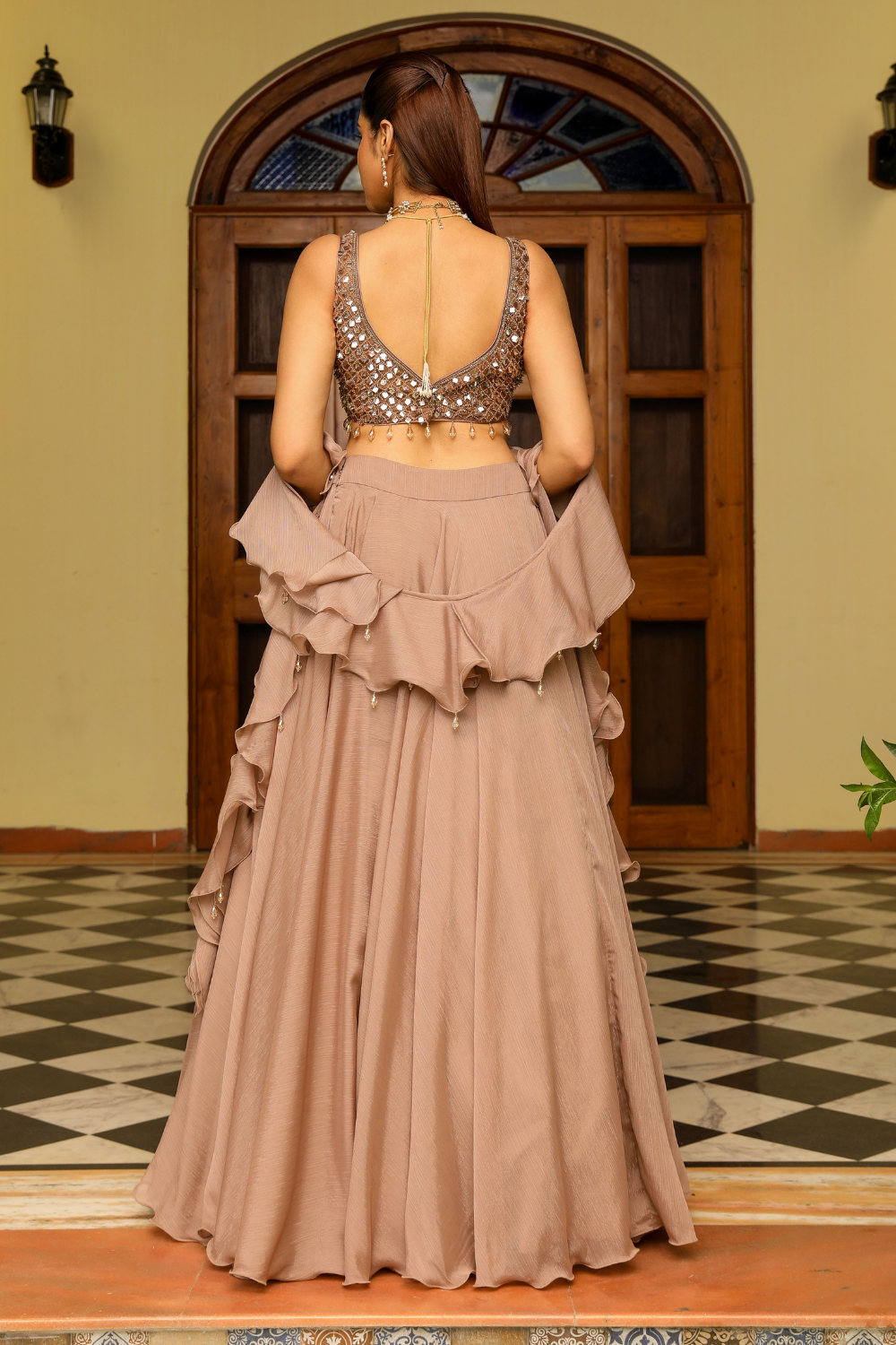 Saanvi Skin Crystal Embroidered Lehenga with Structured Organza Frill