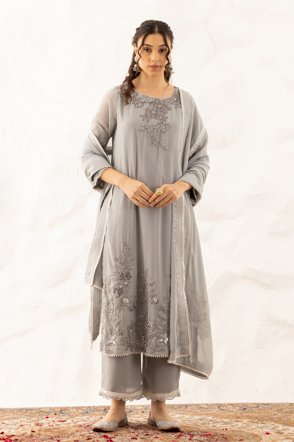 Yukti Embroidered Georgette Suit with Palazzo in Elegant Grey