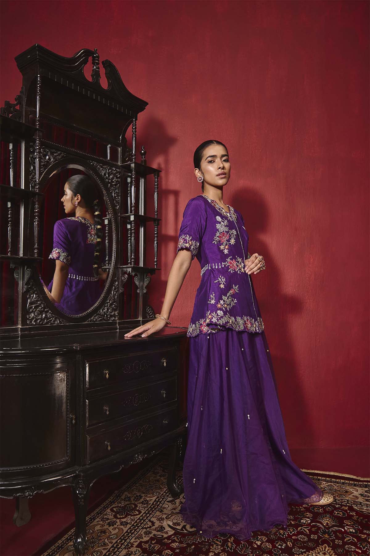 Purple Embroidered A-Line Silk Jacket & Sharara Set - Urvi