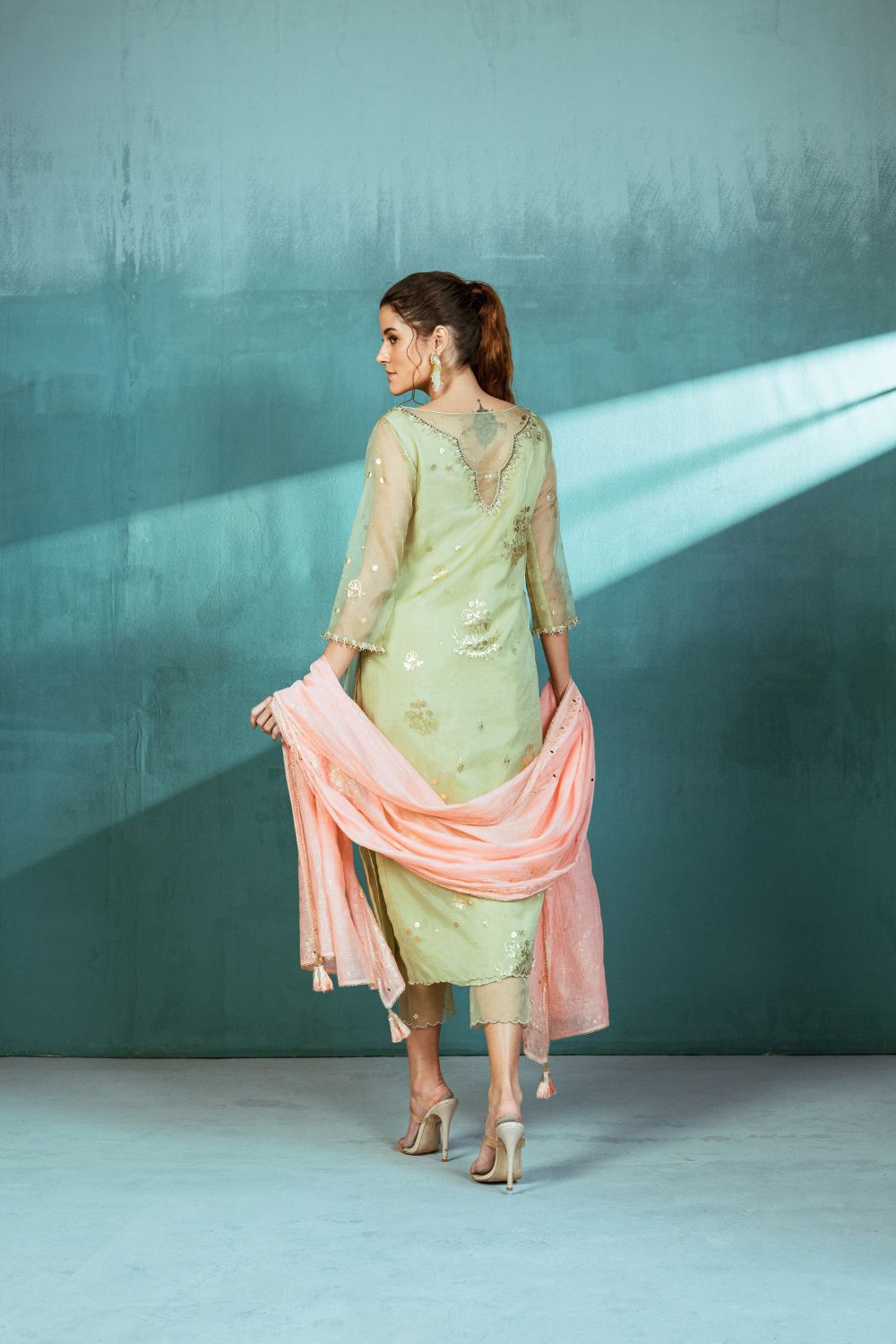 Mint Organza Foil Printed Kurta Pant Set