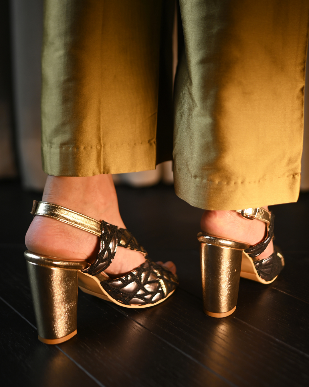 Black Webbed Detailing With Cushioned Gold And Silver Sling Back Heels