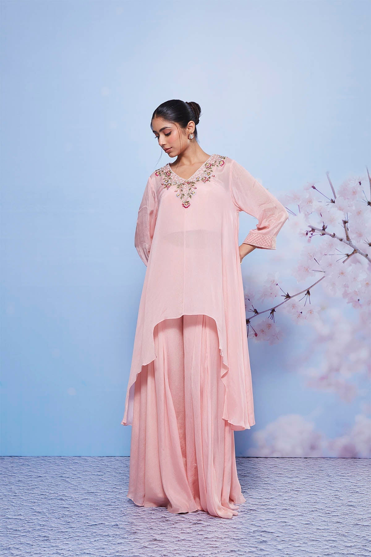 Chanda Baby Pink Asymmetrical Kurta with Sharara and Bustier