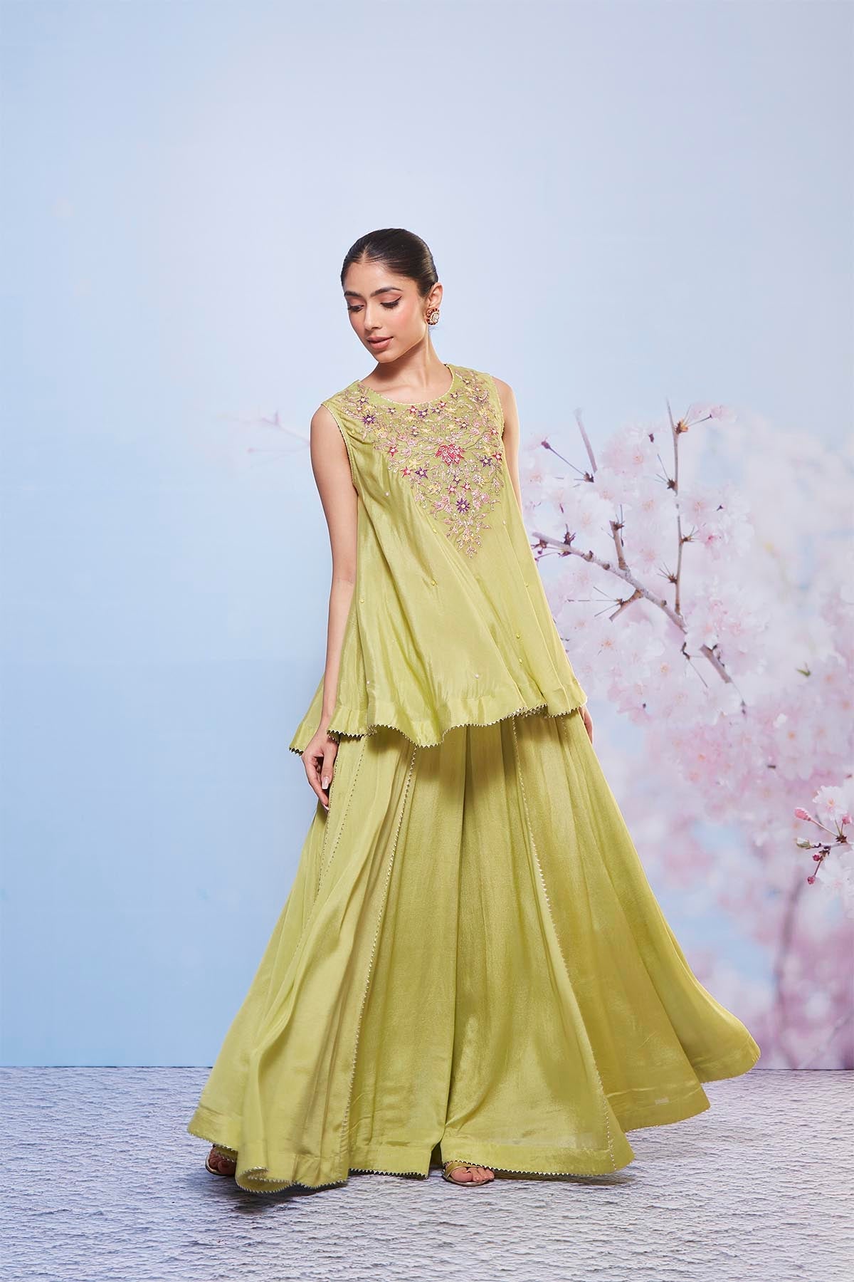 Mint Chiffon Embroidered Short Kurta and Gota Sharara Set