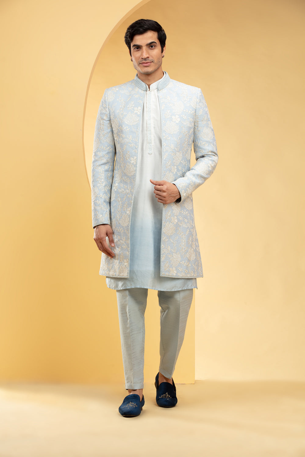 Pastel Blue Ombre Open Indo Western Set With All Over Thread Work - Auraya Fashion - Riyaasat Men - #tag1# - #tag2# - #tag3# - #tag3#