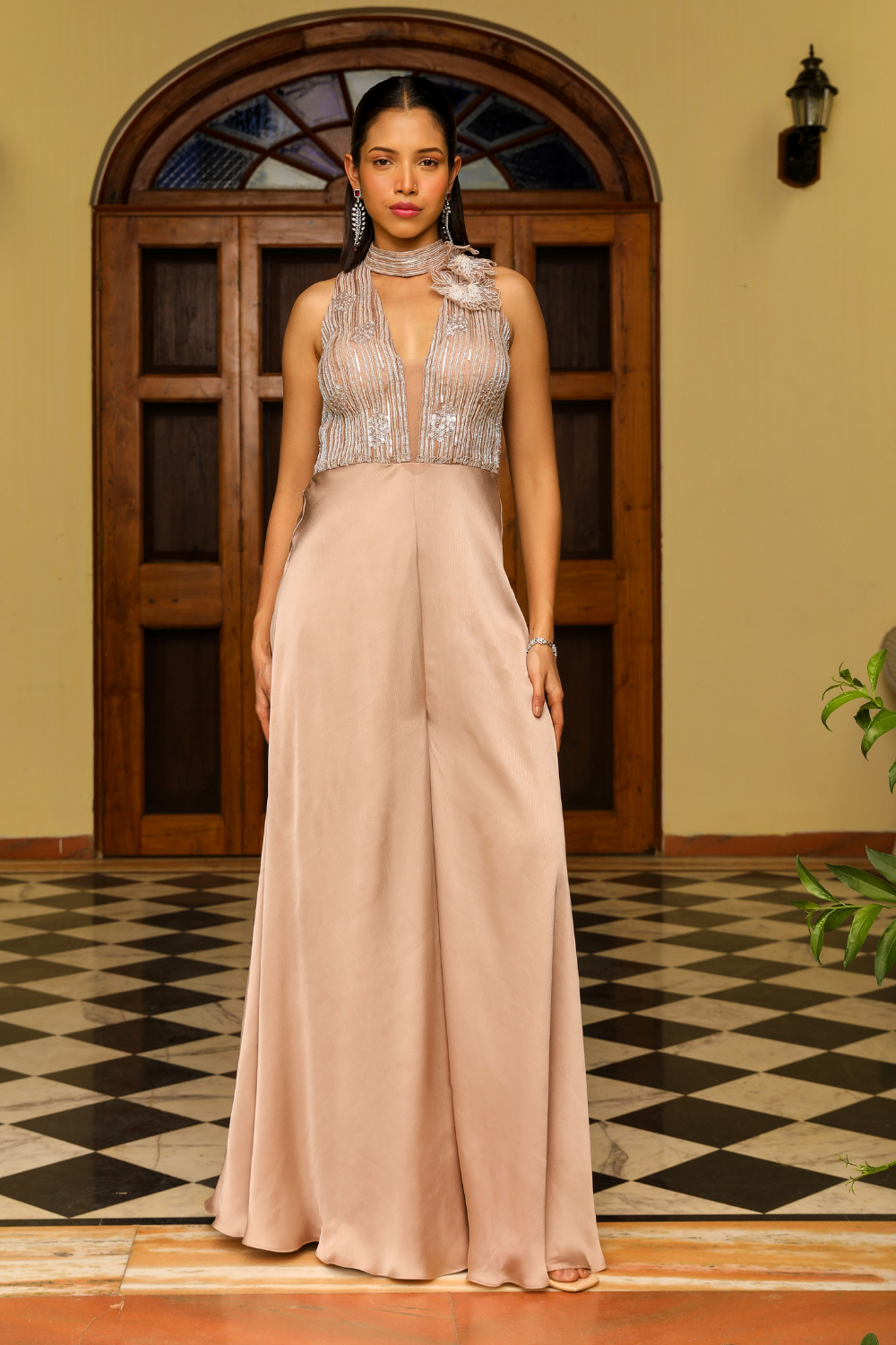 Ritaa Star Shot Embroidered Flared Jumpsuit in Skin Toned Organza