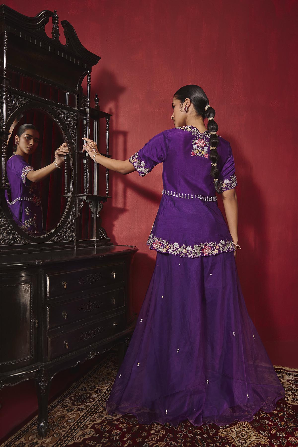 Purple Embroidered A-Line Silk Jacket & Sharara Set - Urvi