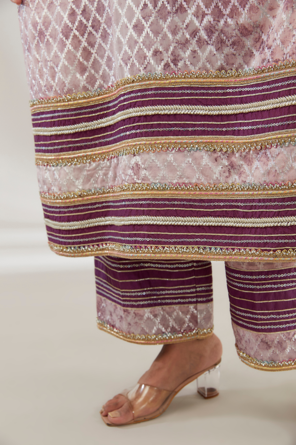 Rewa Purple Silk Suit Set with Embroidered Cuffs & Organza Dupatta
