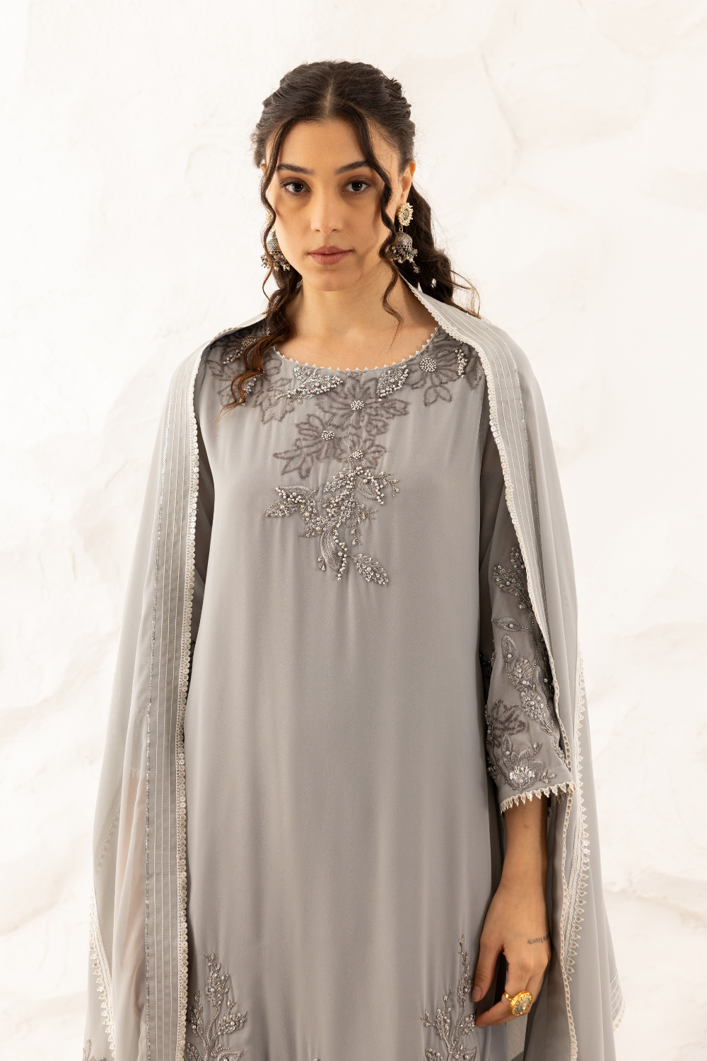 Yukti Embroidered Georgette Suit with Palazzo in Elegant Grey