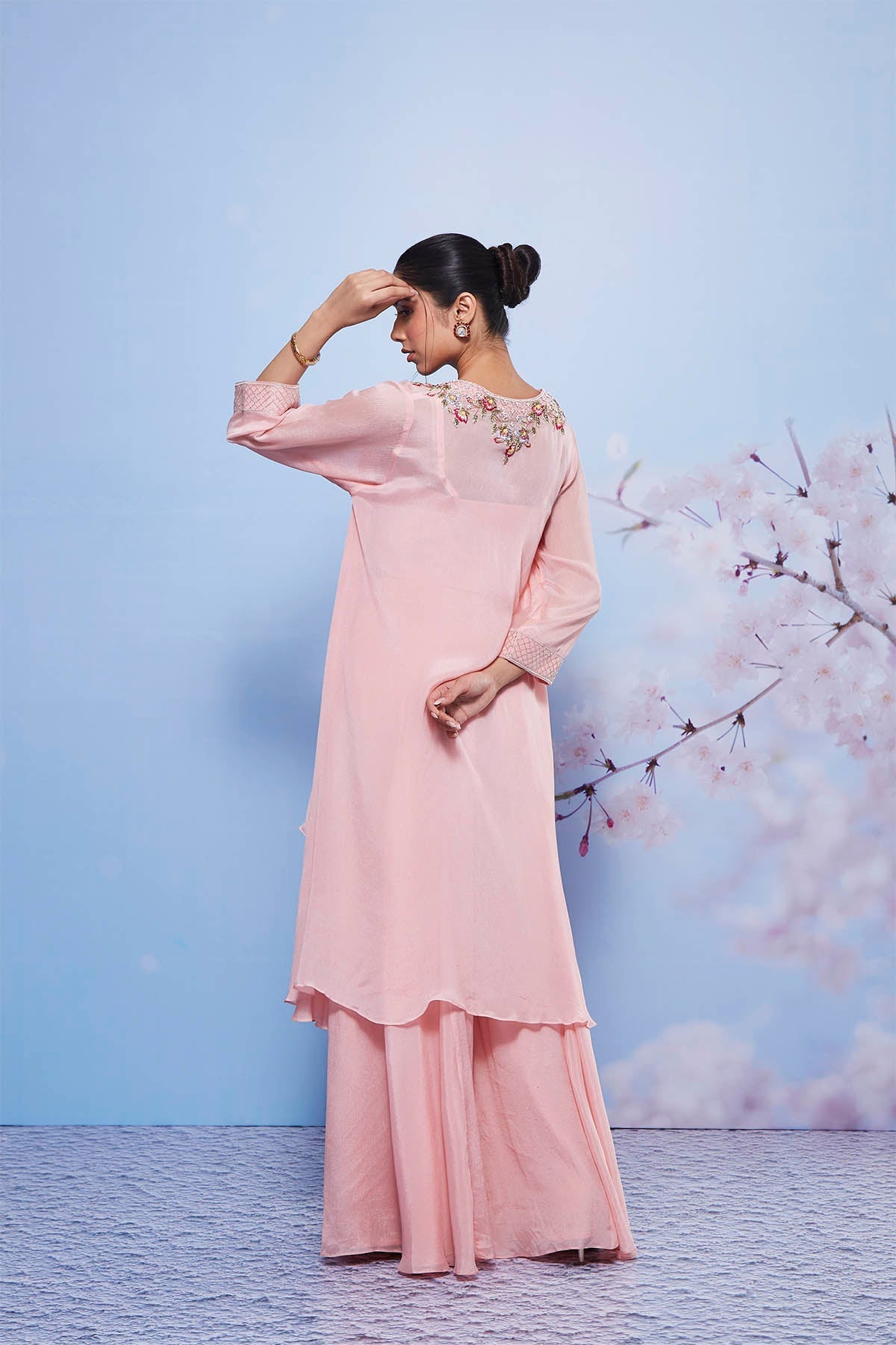 Baby Pink Asymmetrical Kurta with Sharara and Bustier - Chanda