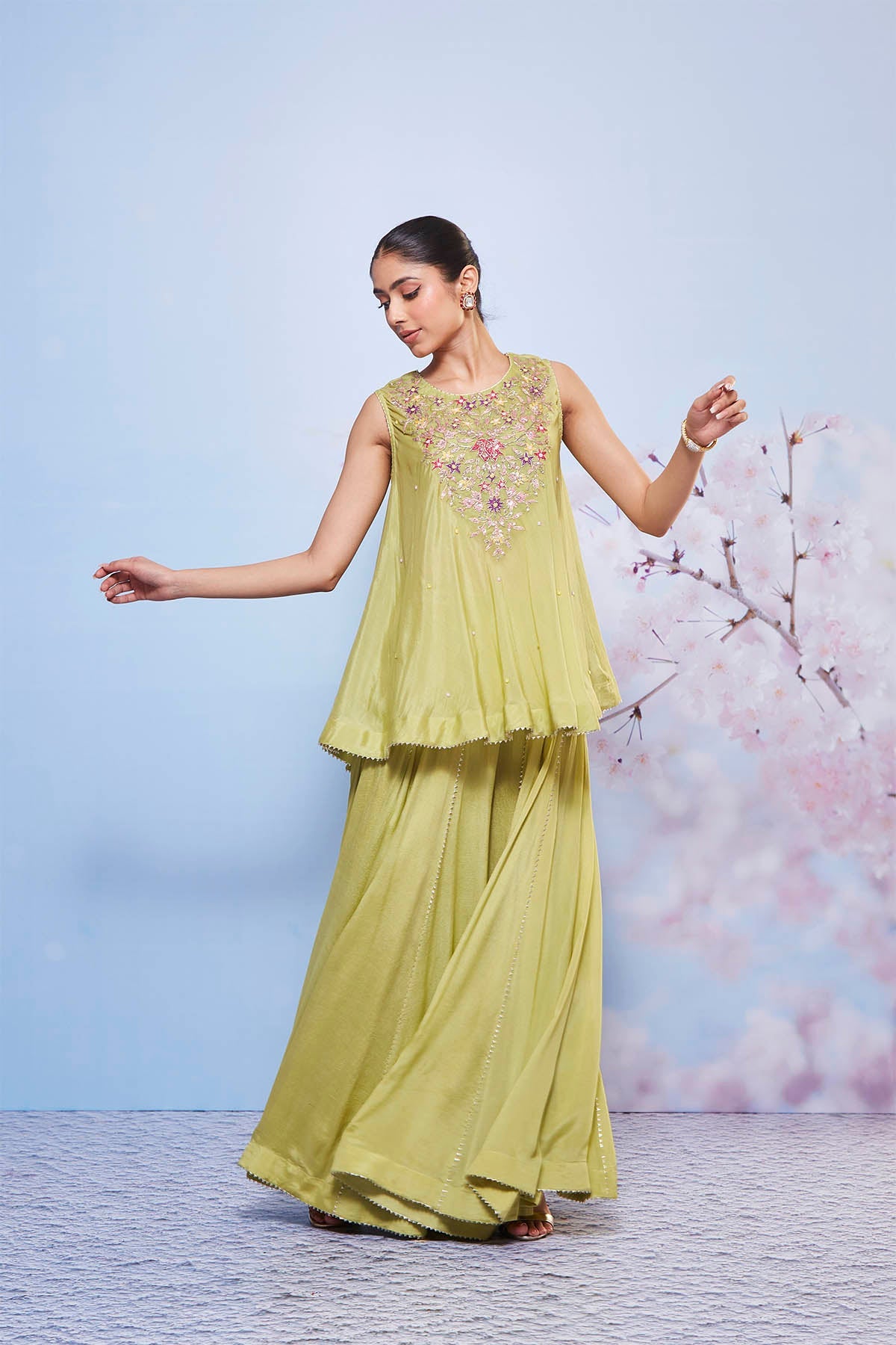 Mint Chiffon Embroidered Short Kurta and Gota Sharara Set