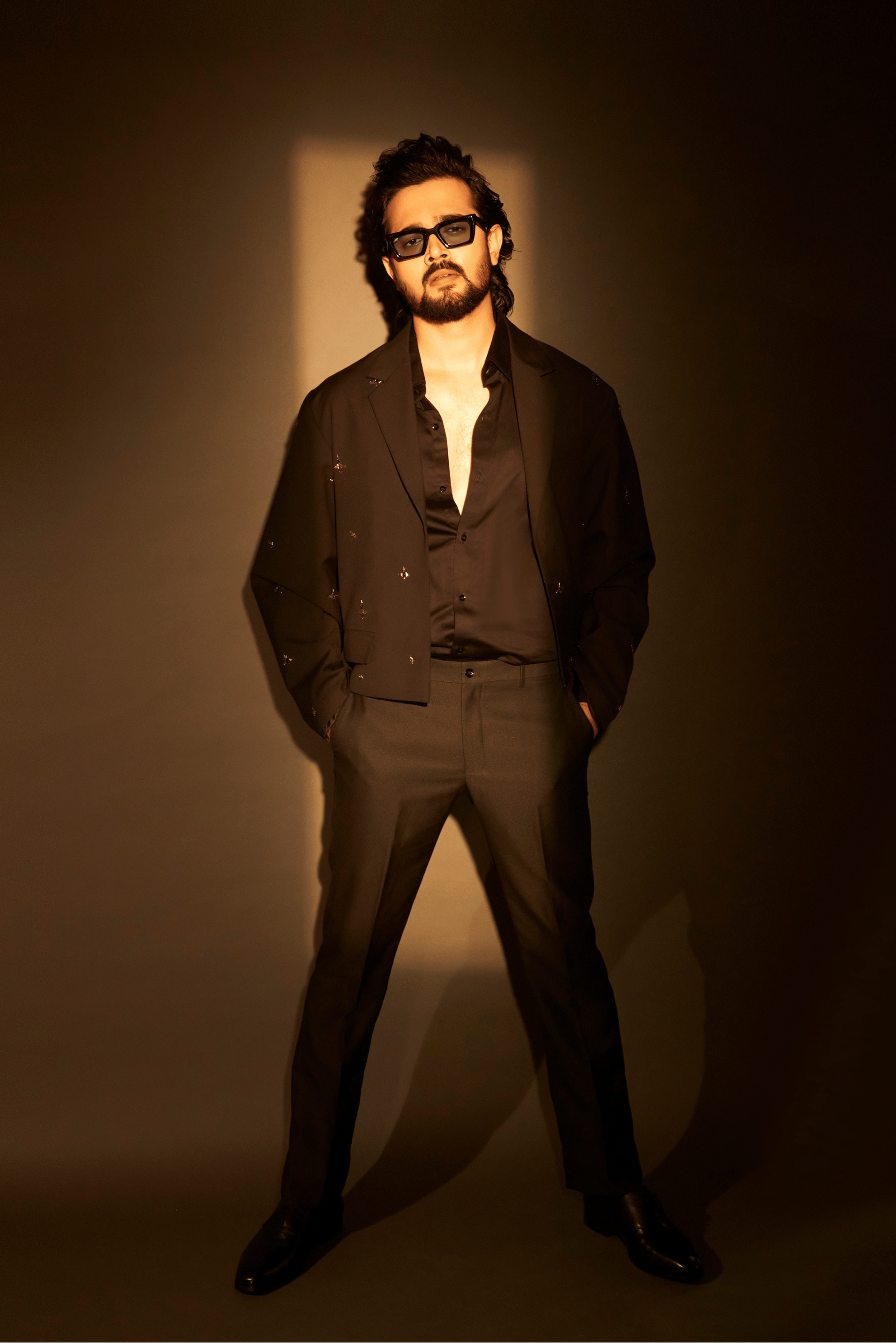 Black Worsted Wool Motifs Embellished Cropped Jacket