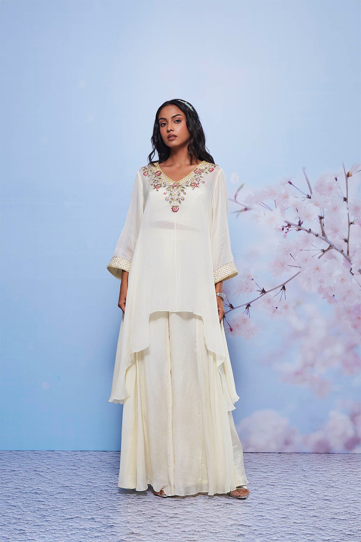 Ivory Asymmetrical Chiffon Kurta Set with Intricate Embroidery