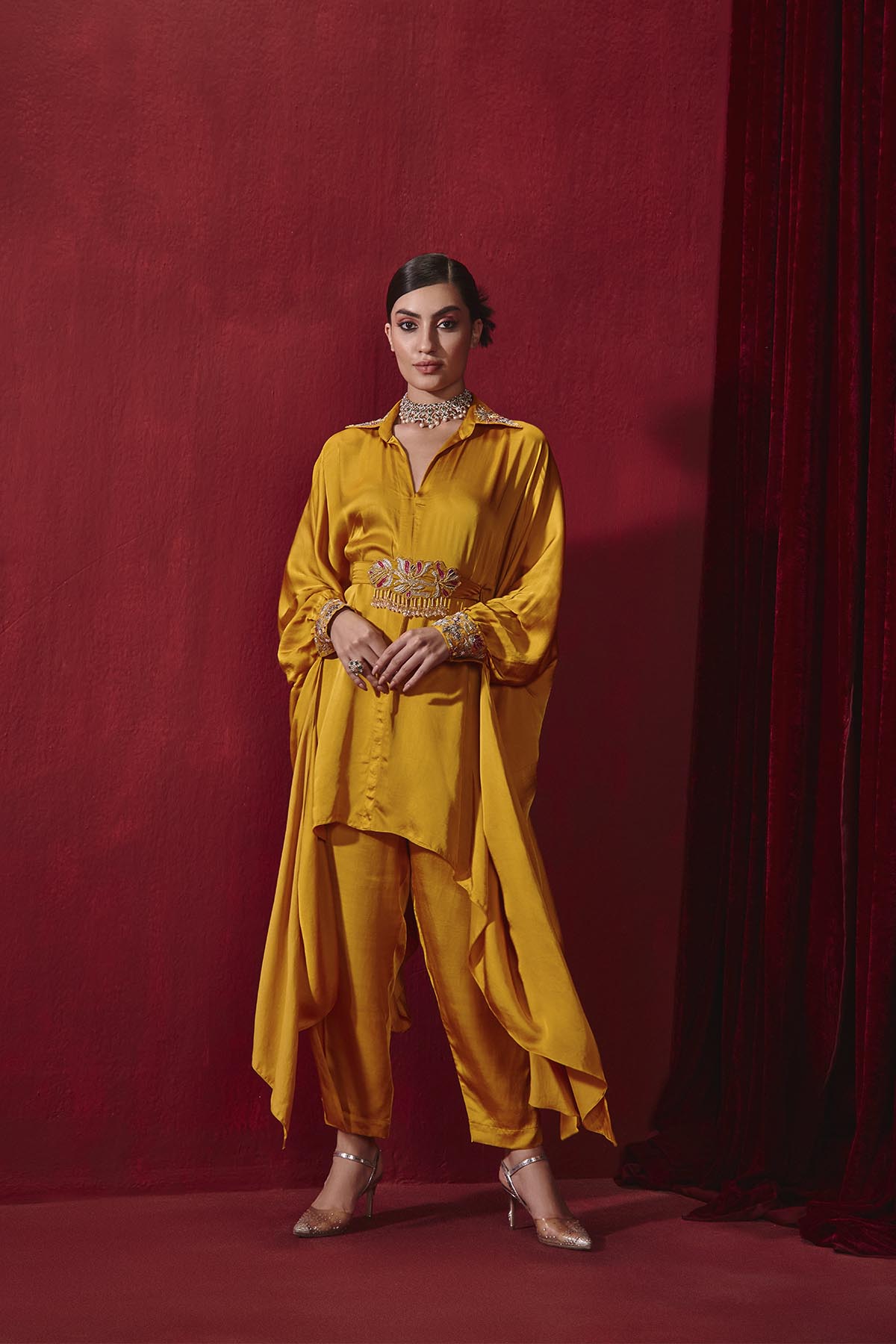 Fiza Mustard Embroidered Modal Silk Oversized Shirt Set