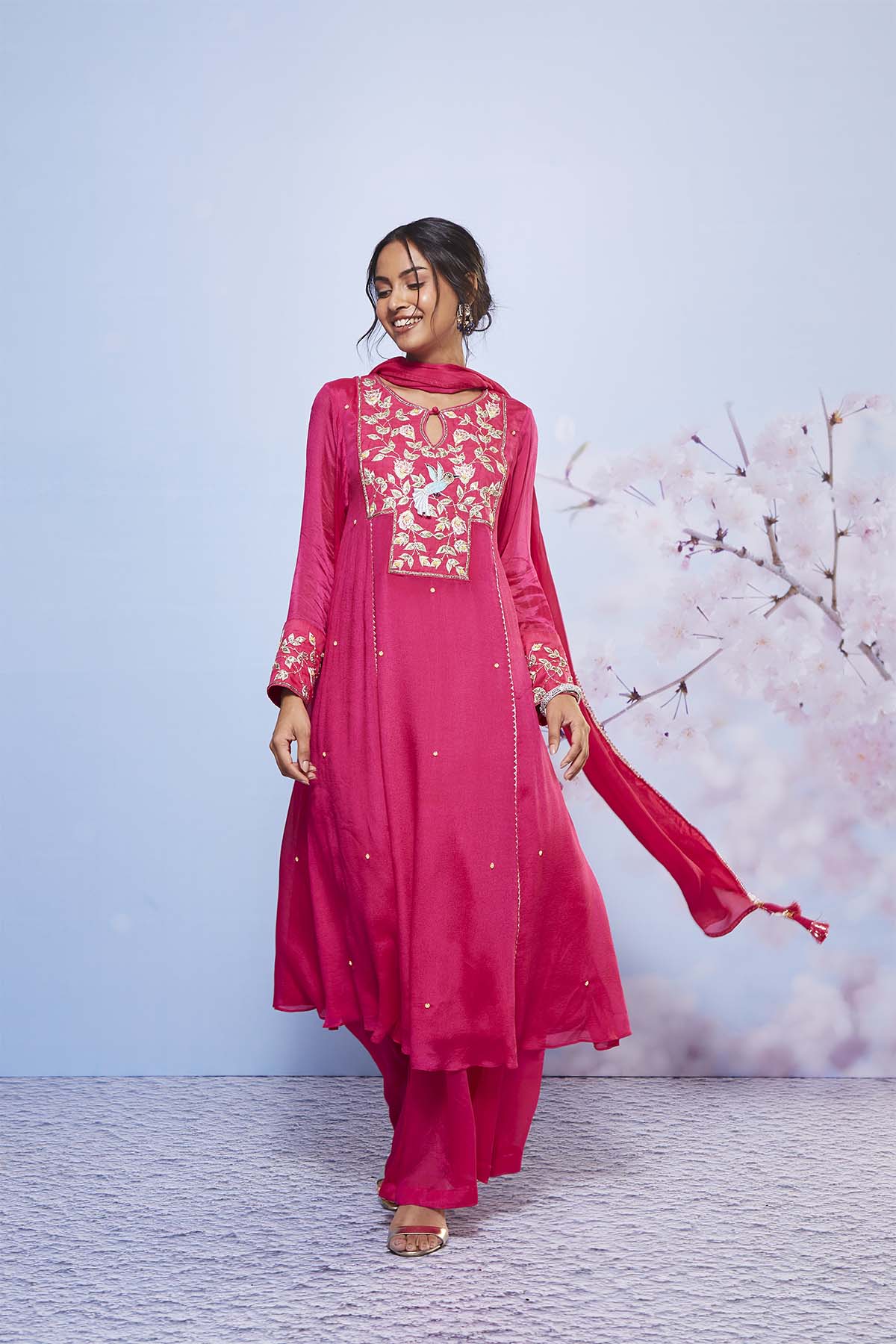Rani Pink Chiffon A-Line Kurta Set with Intricate Yoke Embroidery