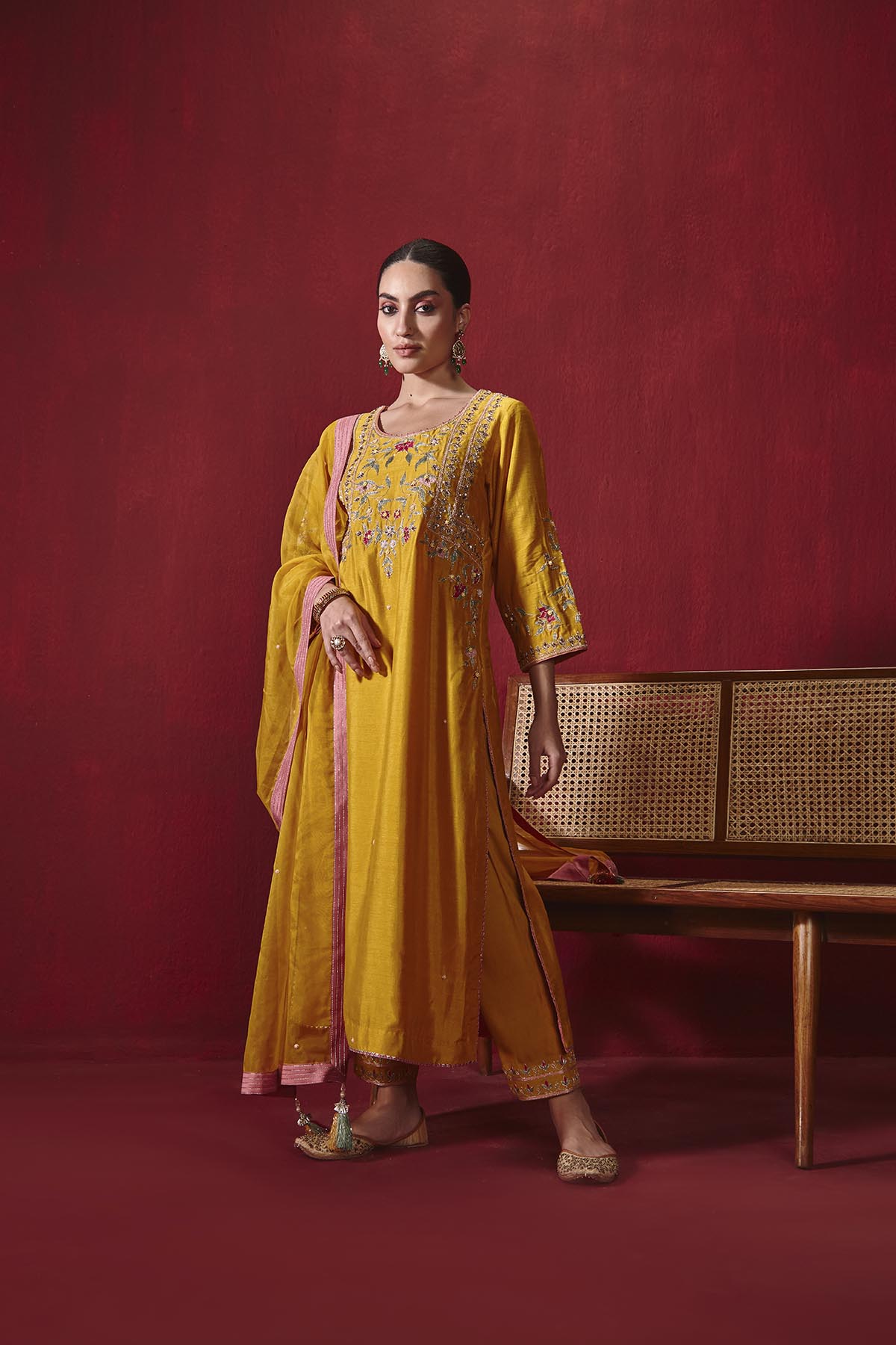 Mustard Dupion Silk Embroidered Kurta Set with Organza Dupatta