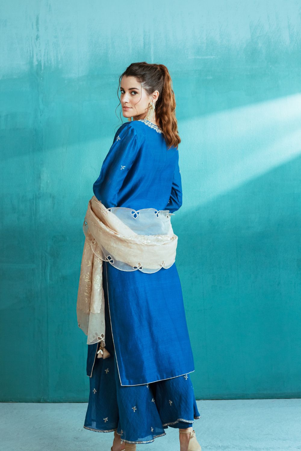 Blue Chanderi Kurta Sharara Set