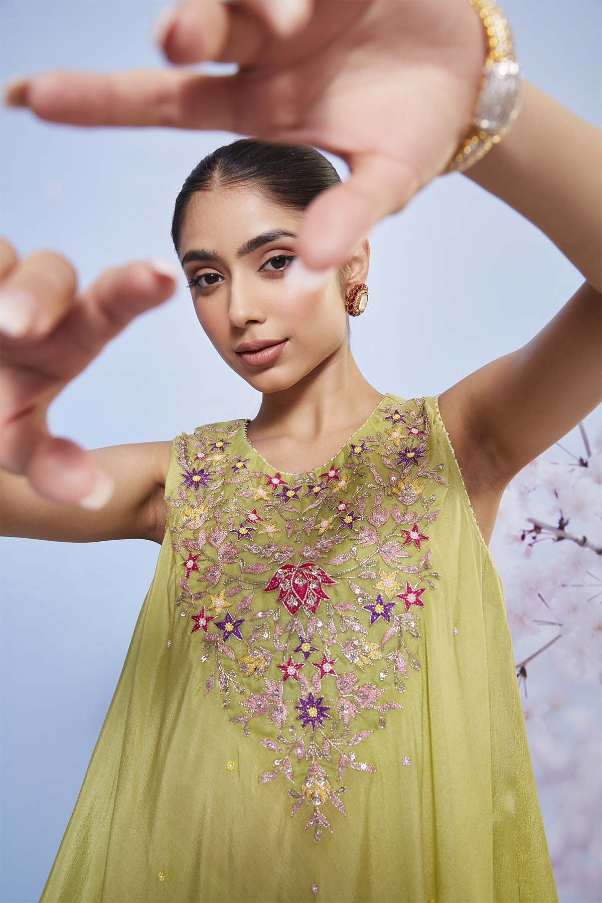 Mint Chiffon Embroidered Short Kurta and Gota Sharara Set