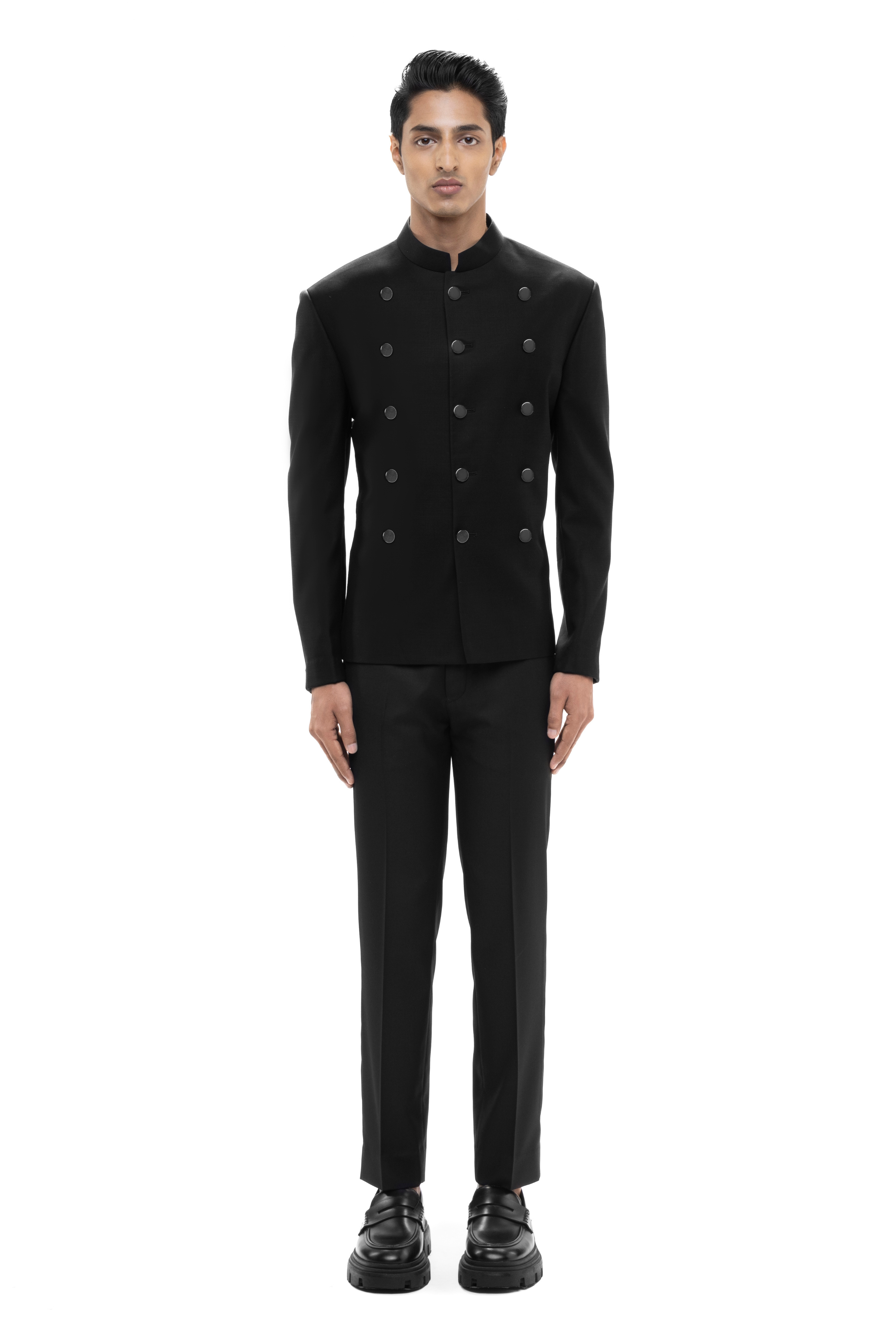 Black Worsted Wool Metal Button Bandhgala Set