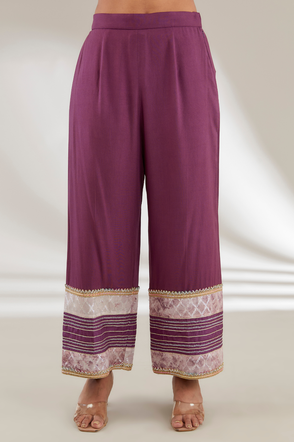 Rewa Purple Silk Suit Set with Embroidered Cuffs & Organza Dupatta