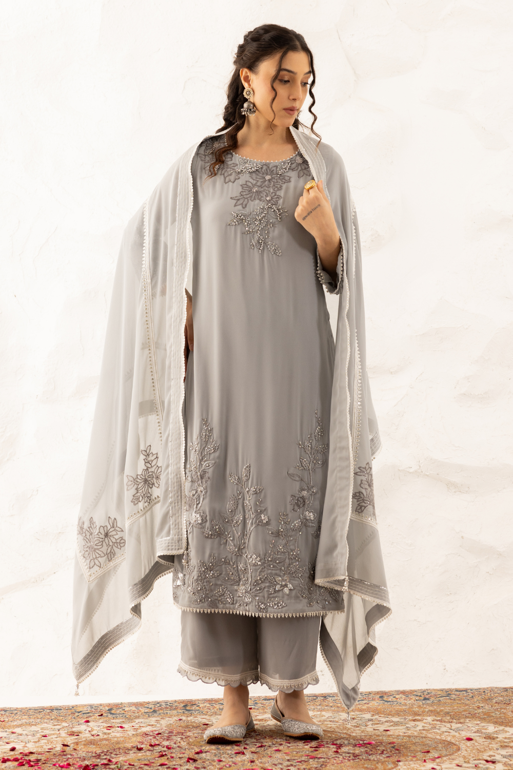 Yukti Embroidered Georgette Suit with Palazzo in Elegant Grey