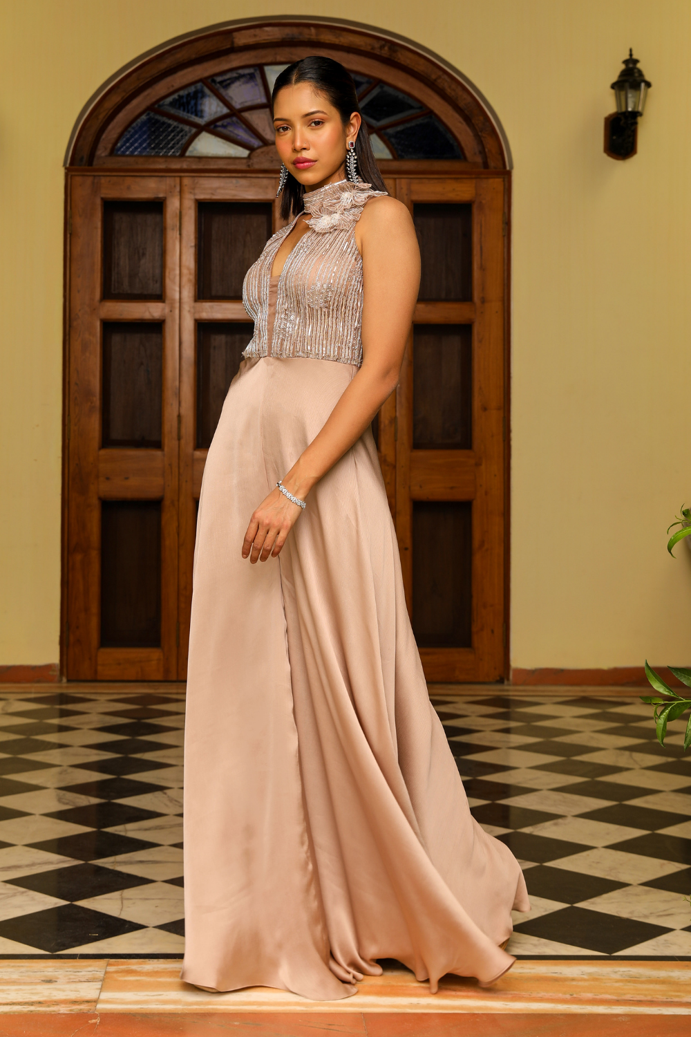 Ritaa Star Shot Embroidered Flared Jumpsuit in Skin Toned Organza
