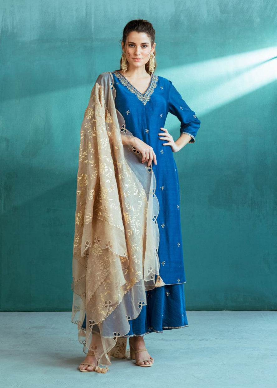 Blue Chanderi Kurta Sharara Set