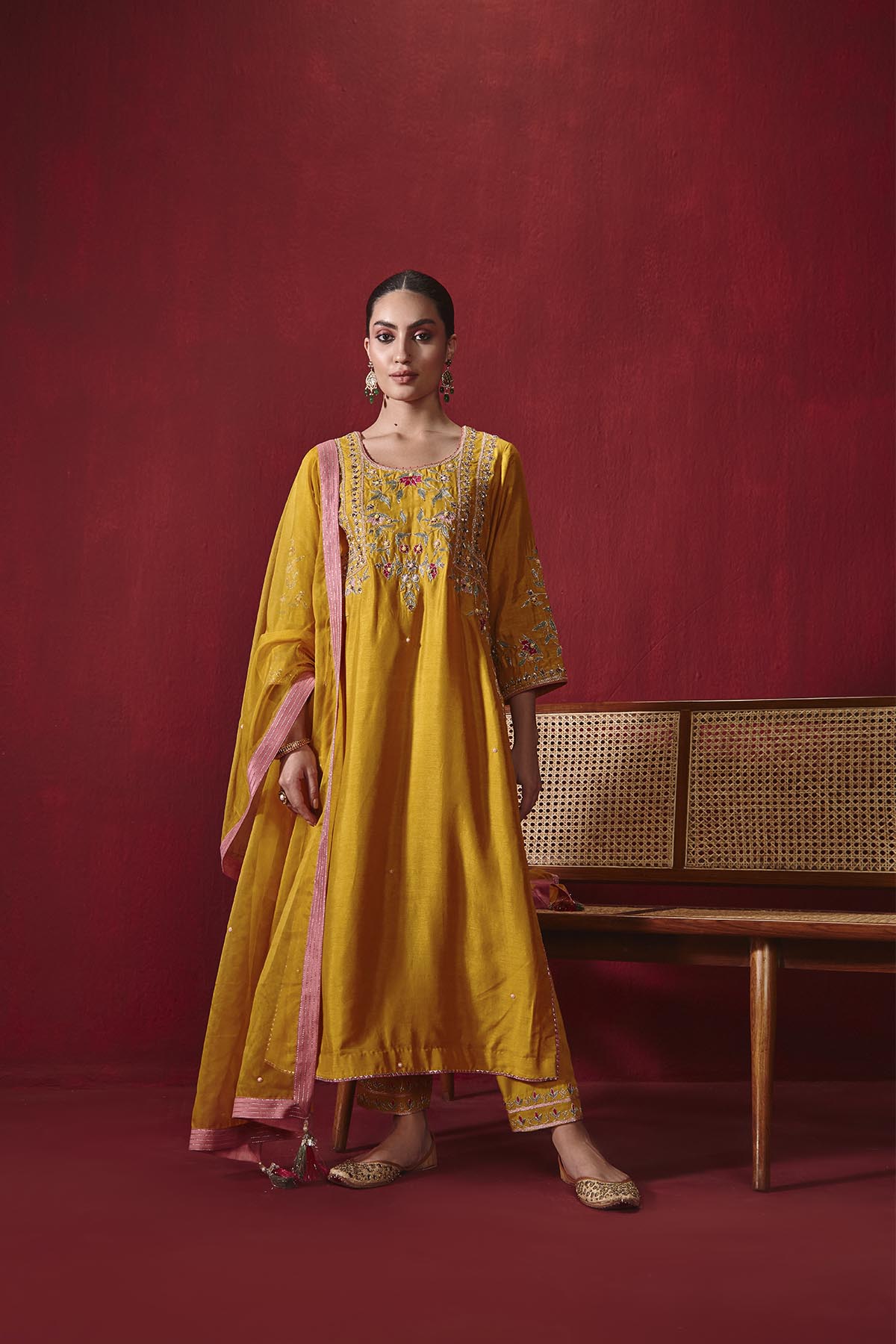 Mustard Dupion Silk Embroidered Kurta Set with Organza Dupatta