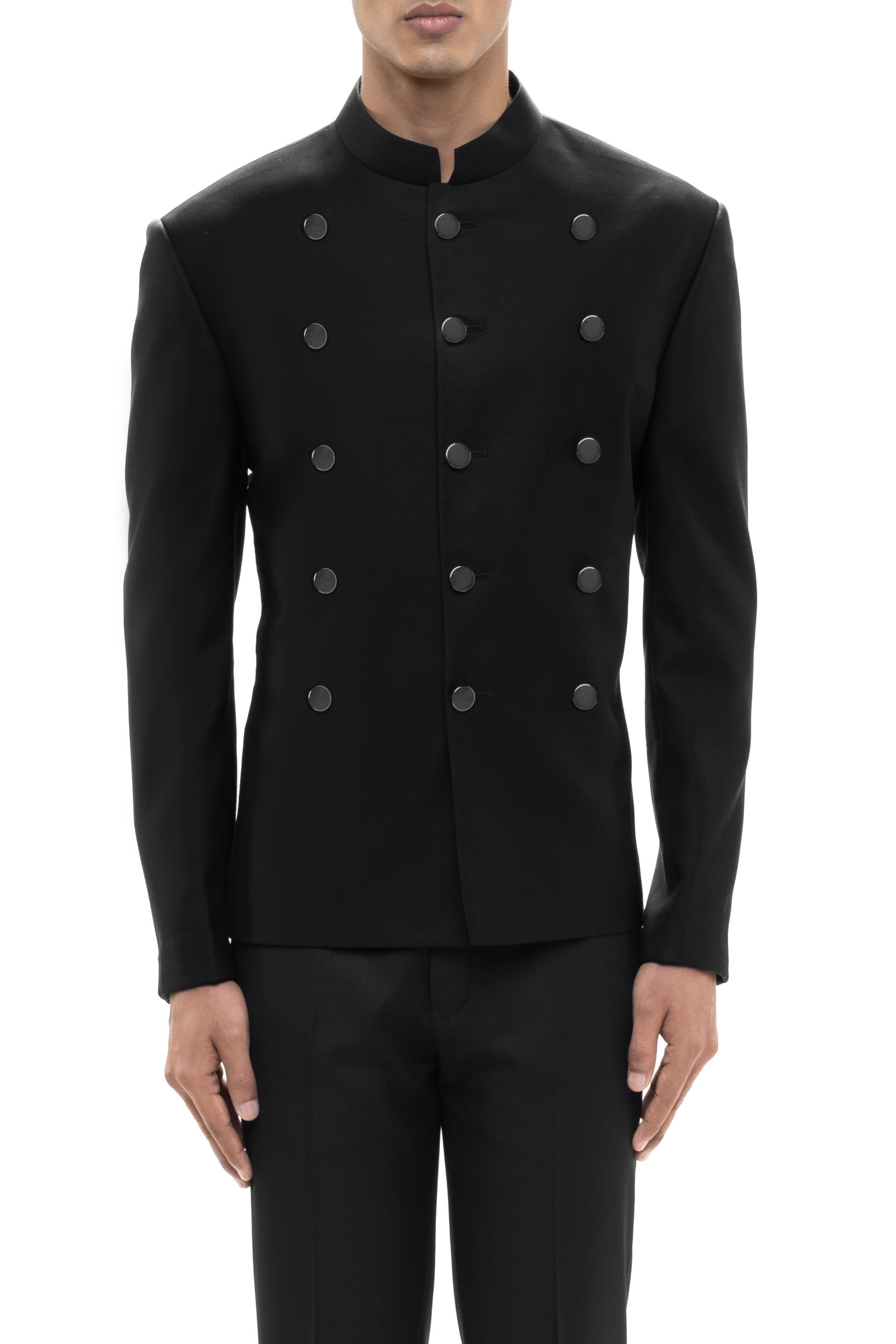 Black Worsted Wool Metal Button Bandhgala Set