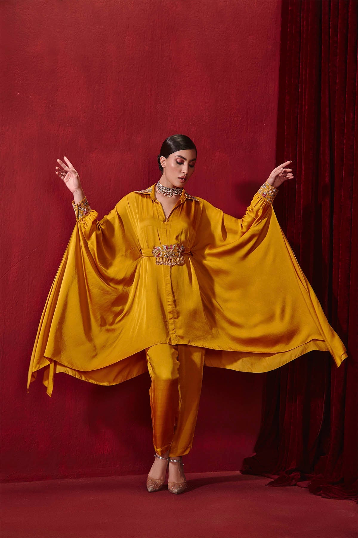 Fiza Mustard Embroidered Modal Silk Oversized Shirt Set