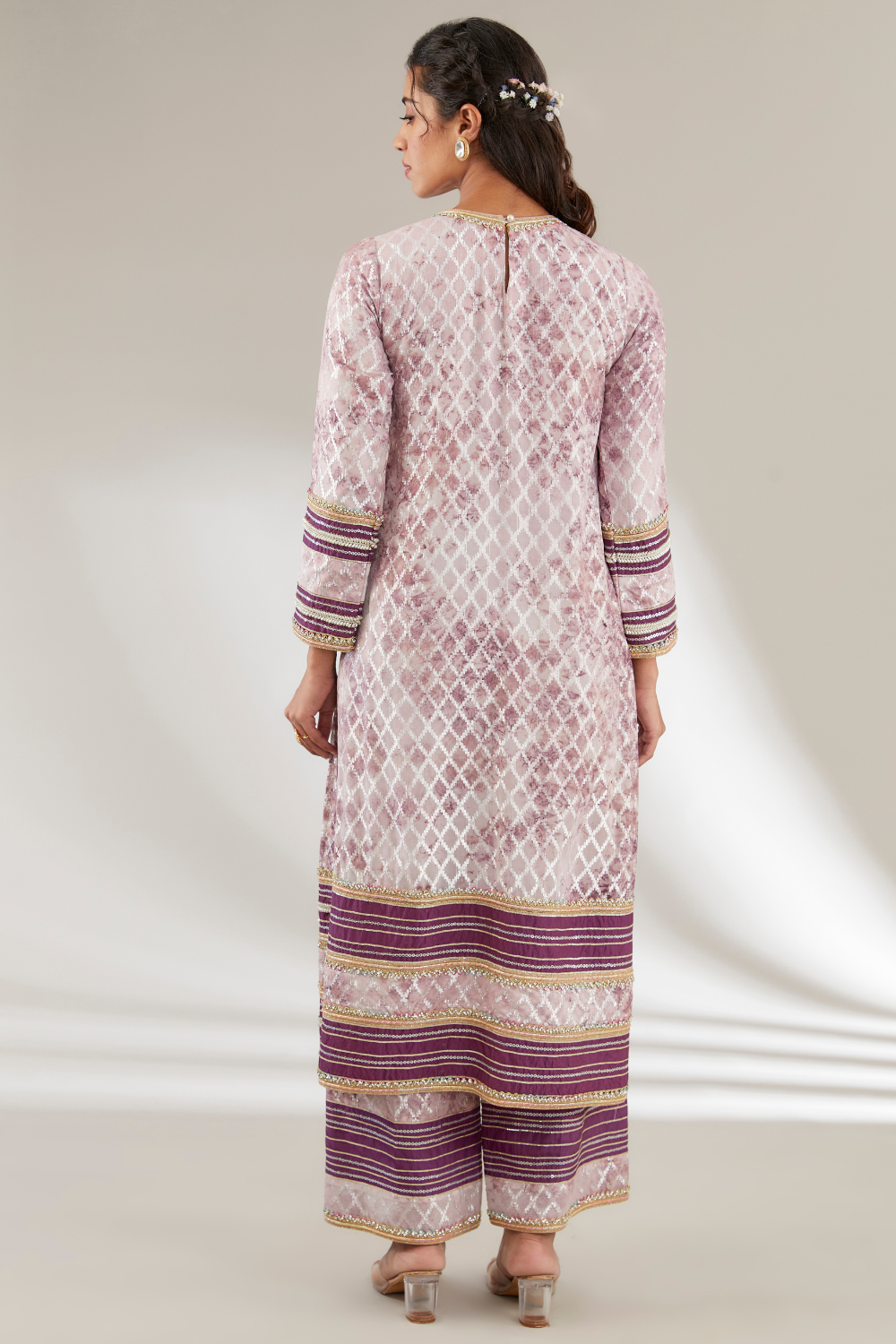 Rewa Purple Silk Suit Set with Embroidered Cuffs & Organza Dupatta