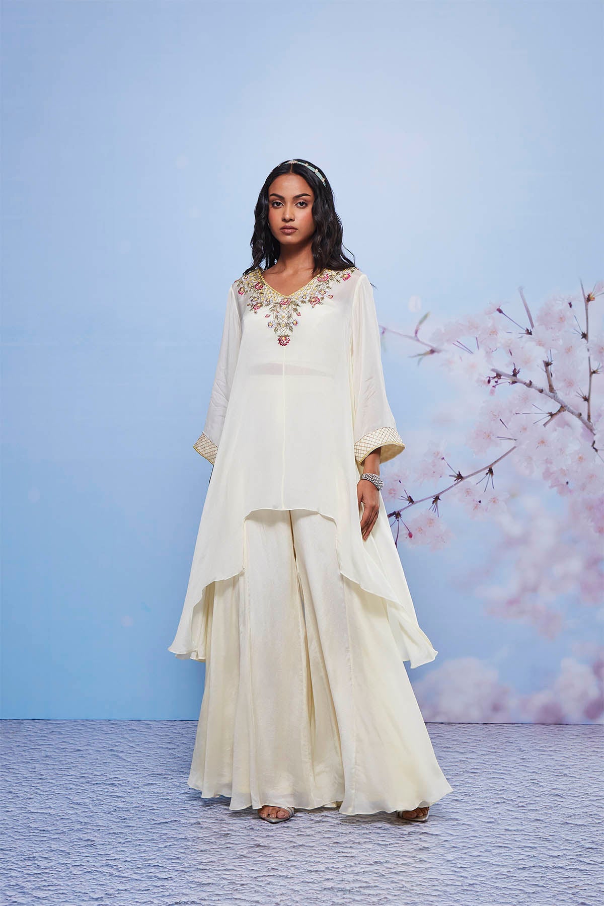 Ivory Asymmetrical Chiffon Kurta Set with Intricate Embroidery