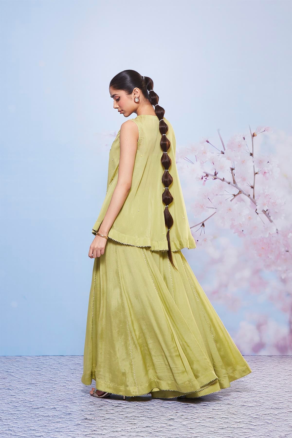 Mint Chiffon Embroidered Short Kurta and Gota Sharara Set