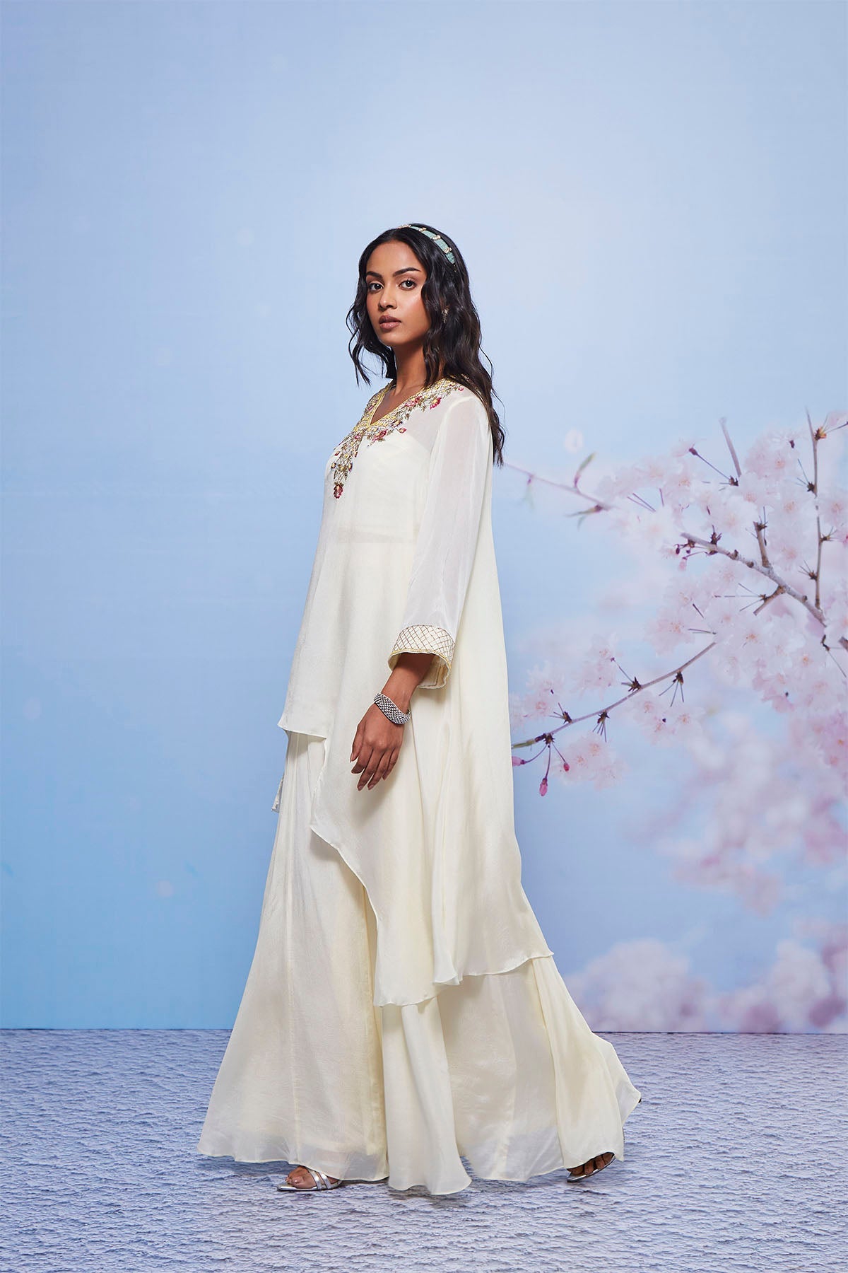 Ivory Asymmetrical Chiffon Kurta Set with Intricate Embroidery