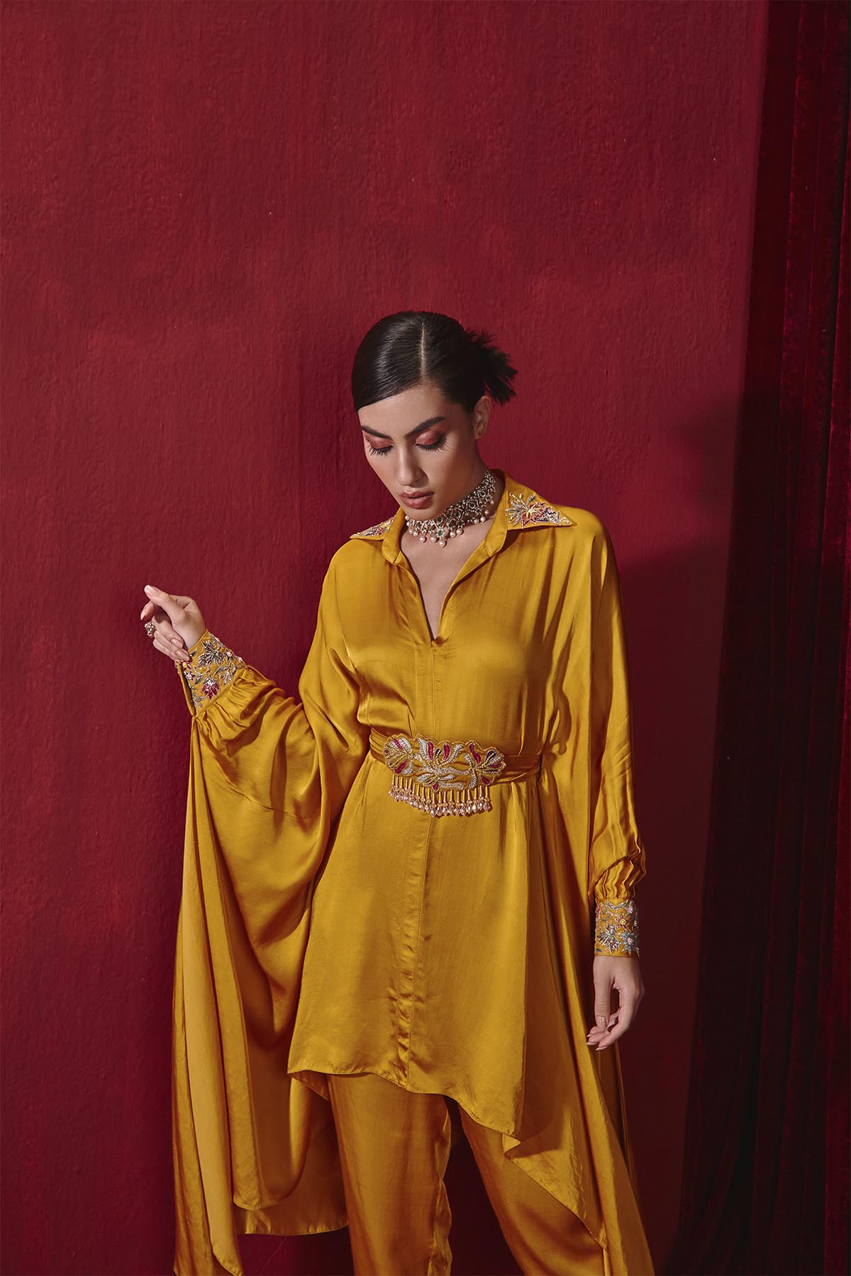 Fiza Mustard Embroidered Modal Silk Oversized Shirt Set