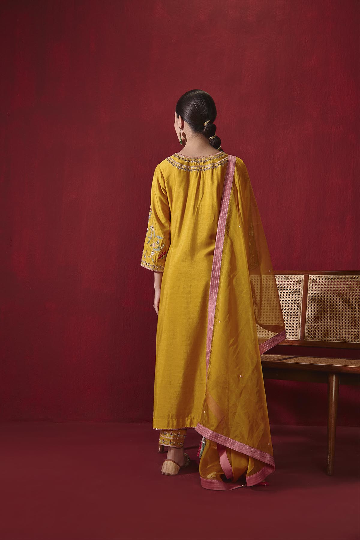 Mustard Dupion Silk Embroidered Kurta Set with Organza Dupatta