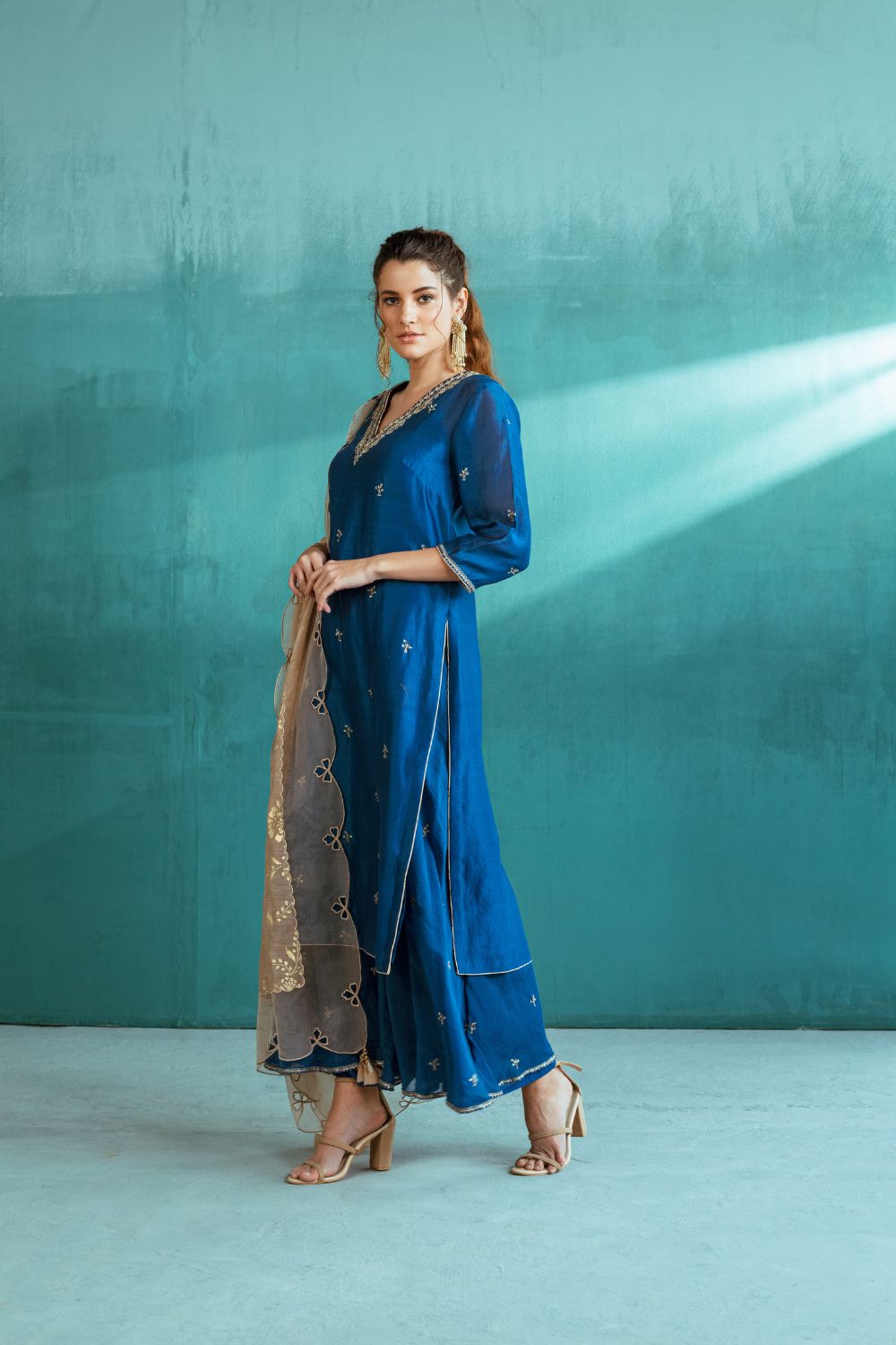 Blue Chanderi Kurta Sharara Set