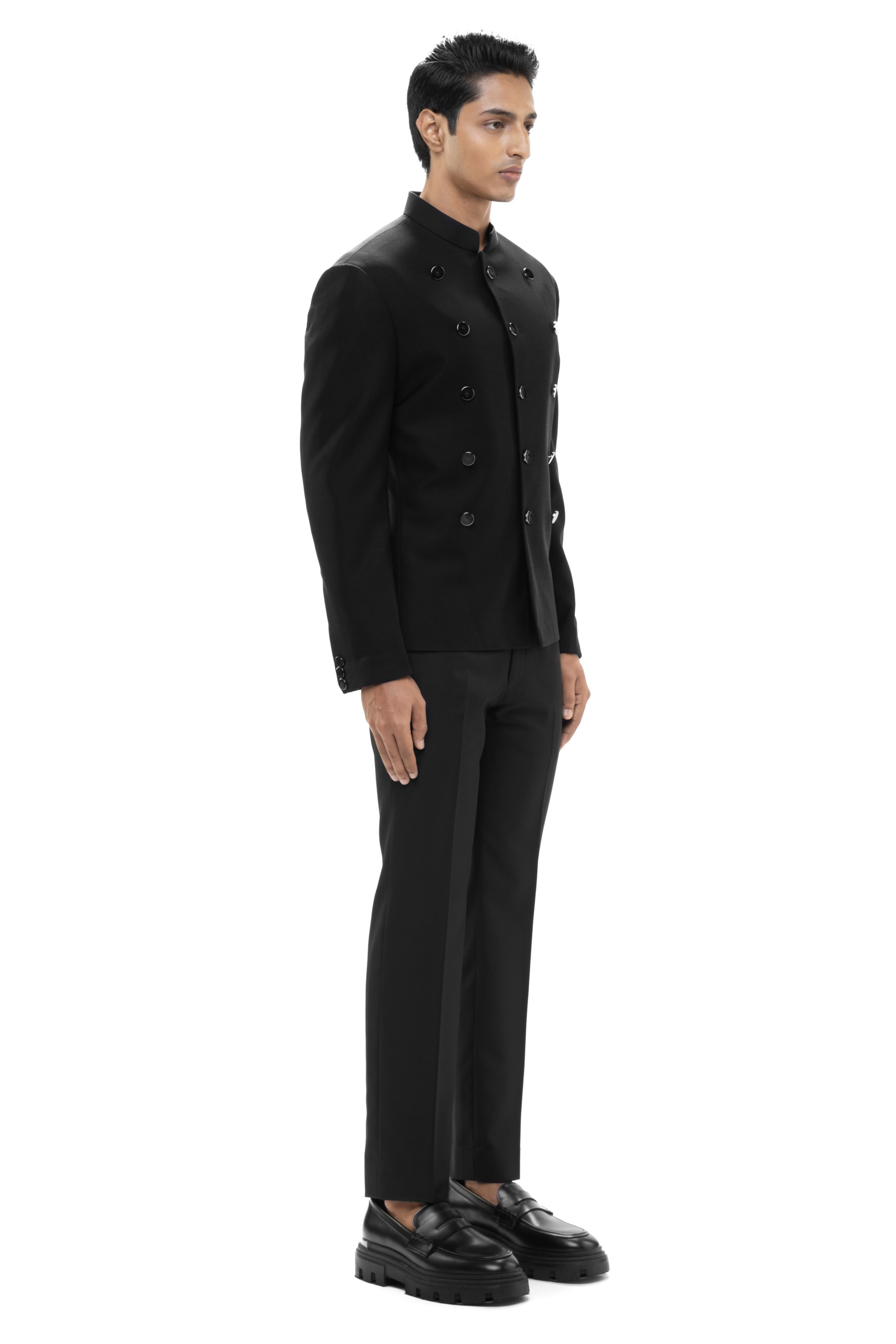 Black Worsted Wool Metal Button Bandhgala Set