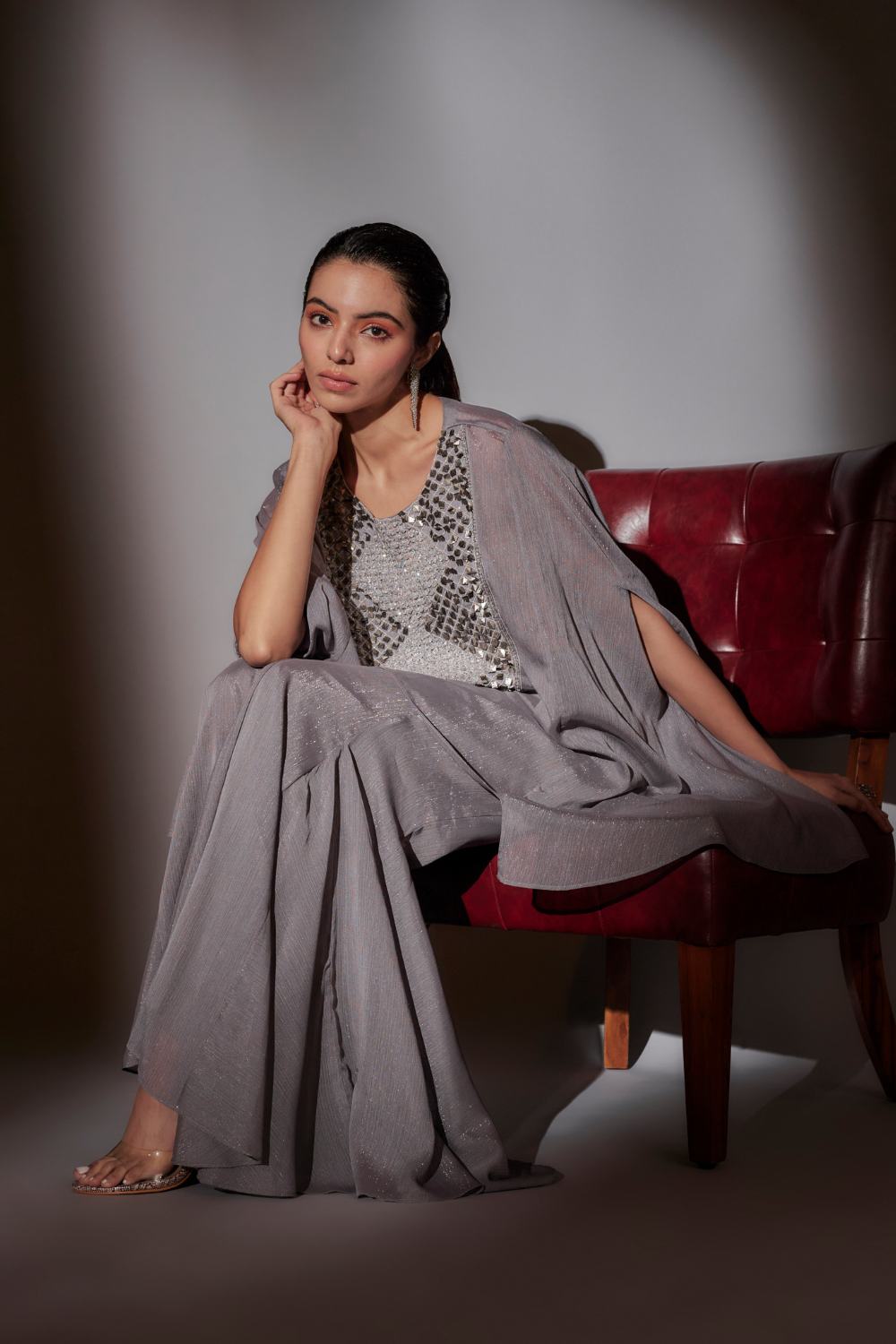 Grey Embroidered Sheer Cape Set with Flared Satin Sharara