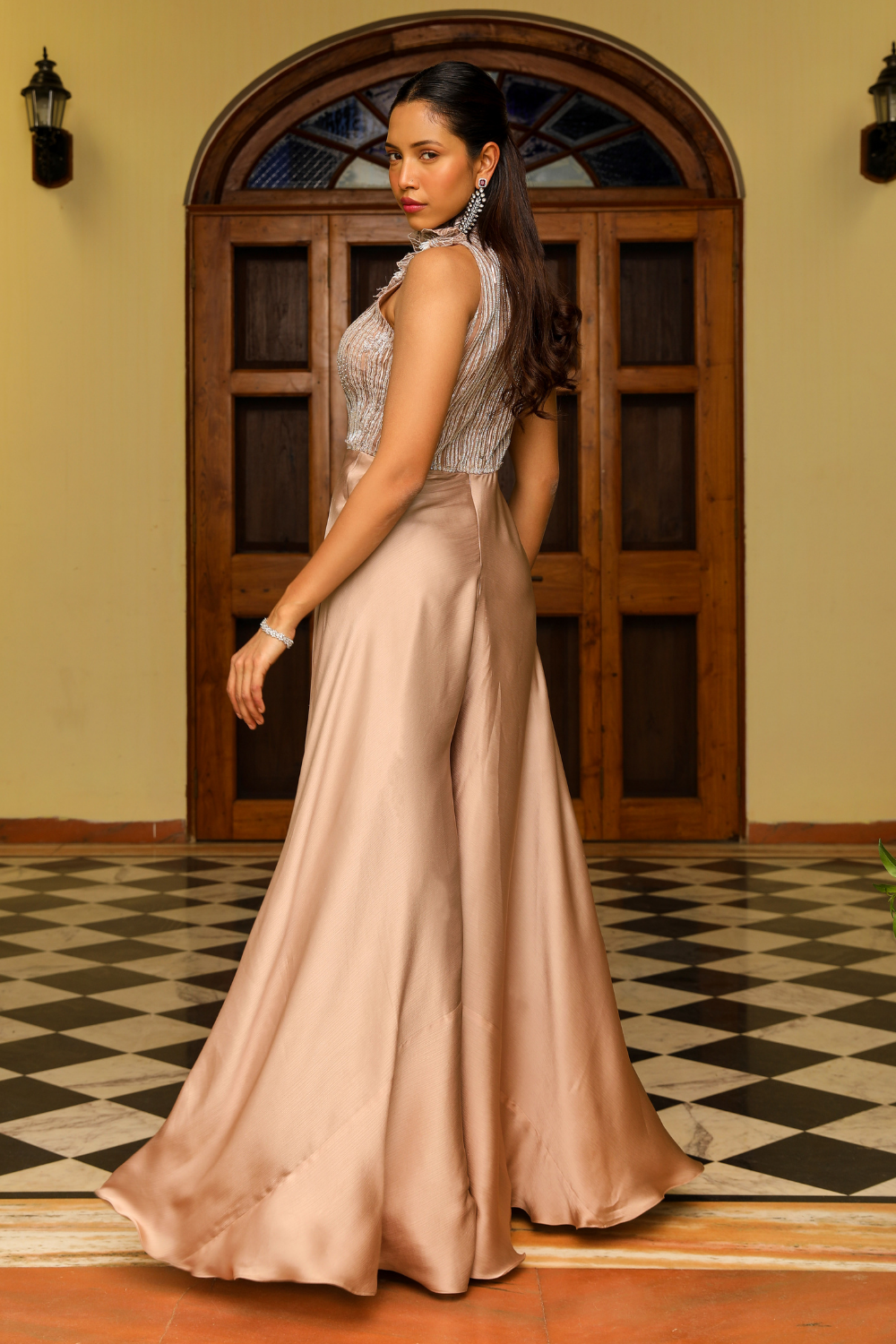 Ritaa Star Shot Embroidered Flared Jumpsuit in Skin Toned Organza