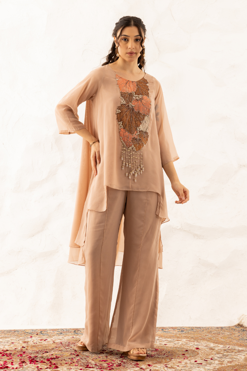 Kiara Co-ord Set – Nude Georgette Ensemble with Crystal Applique