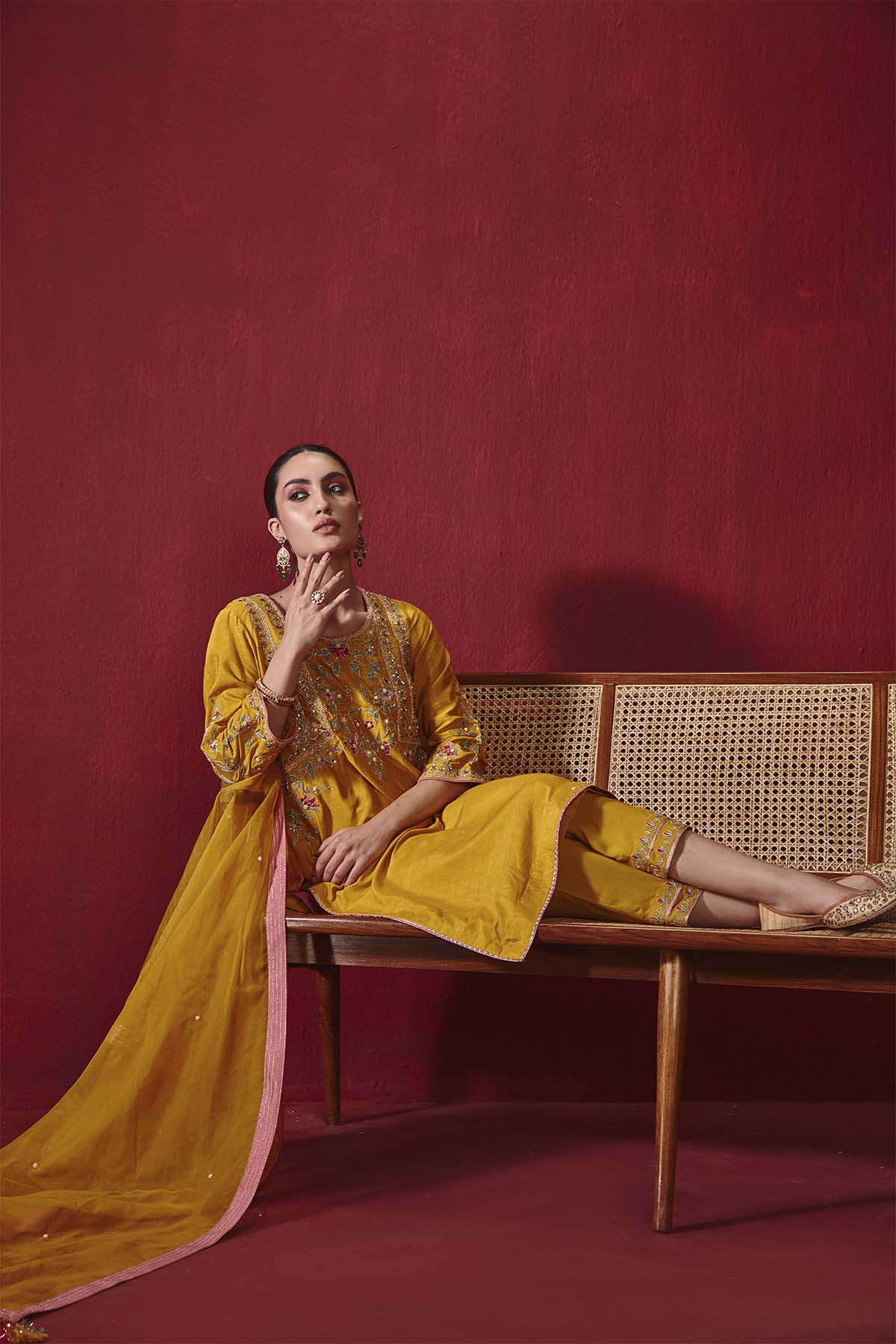 Mustard Dupion Silk Embroidered Kurta Set with Organza Dupatta