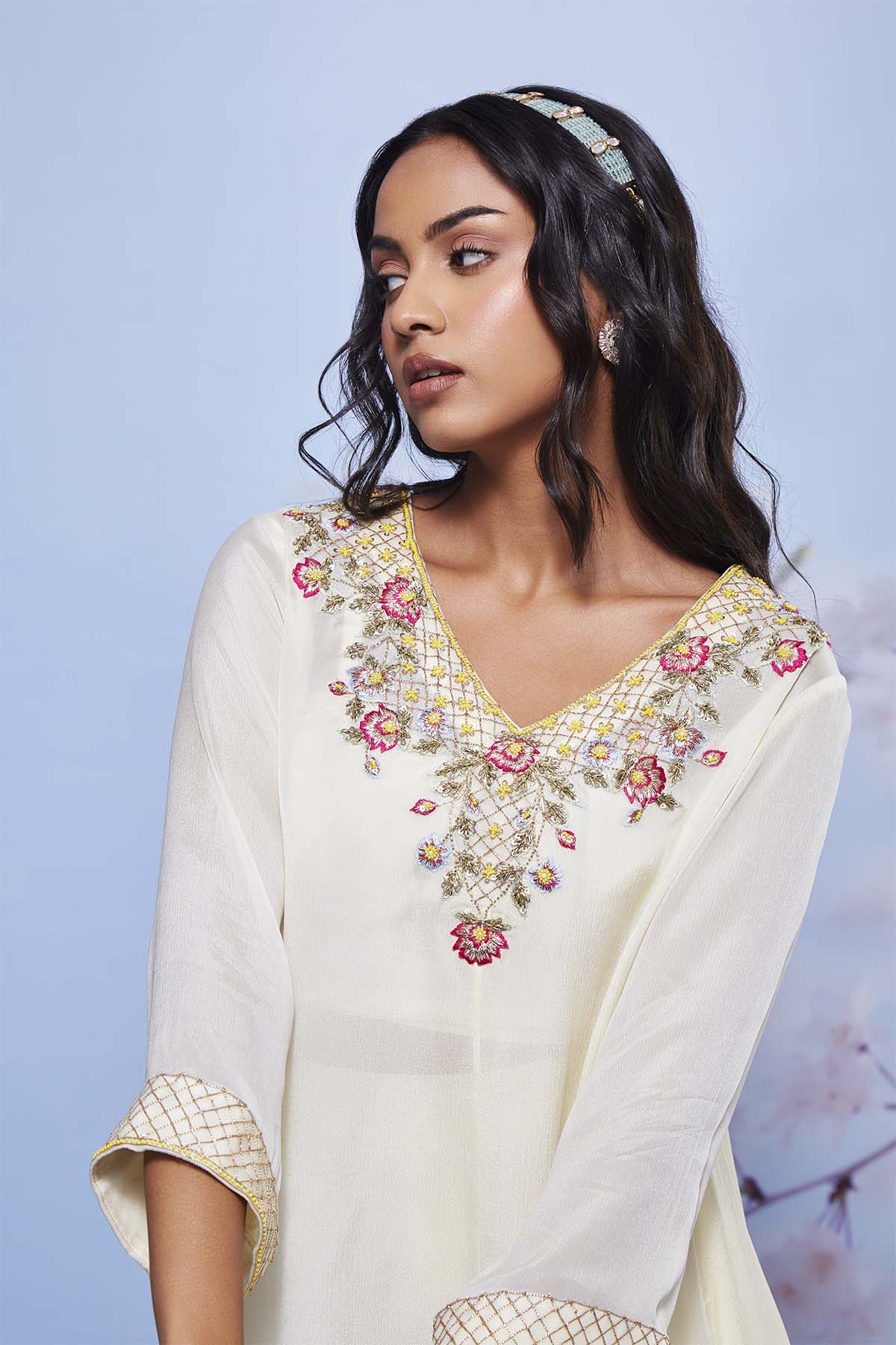 Ivory Asymmetrical Chiffon Kurta Set with Intricate Embroidery