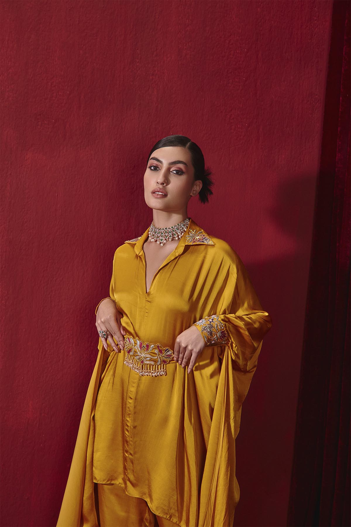 Fiza Mustard Embroidered Modal Silk Oversized Shirt Set