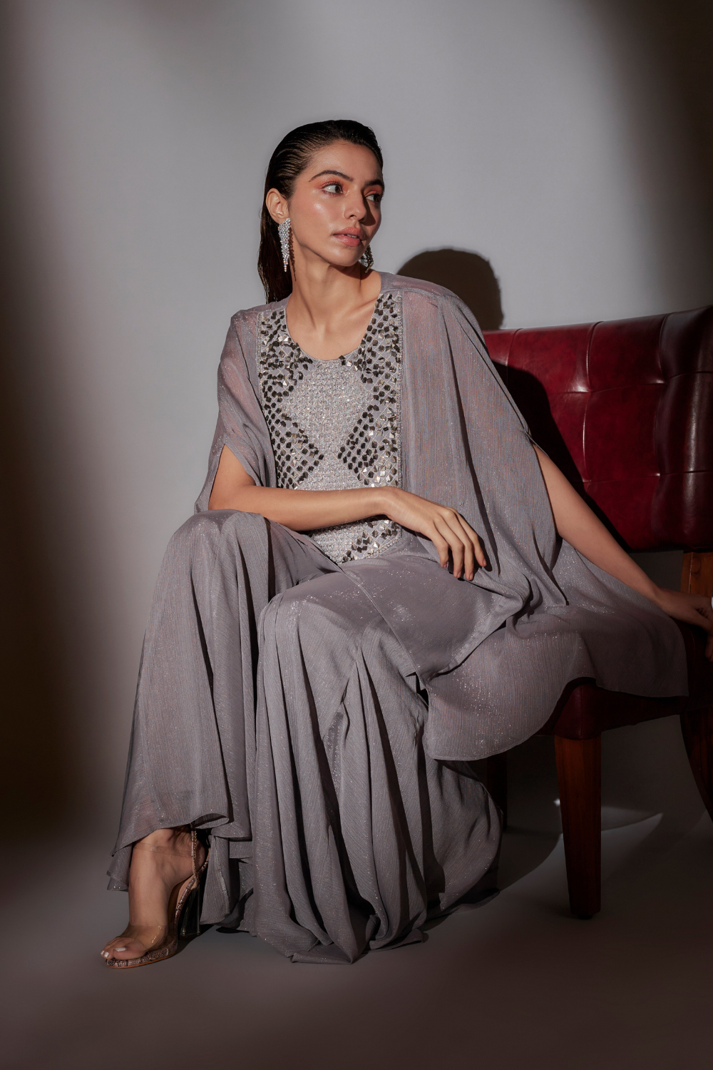 Grey Embroidered Sheer Cape Set with Flared Satin Sharara