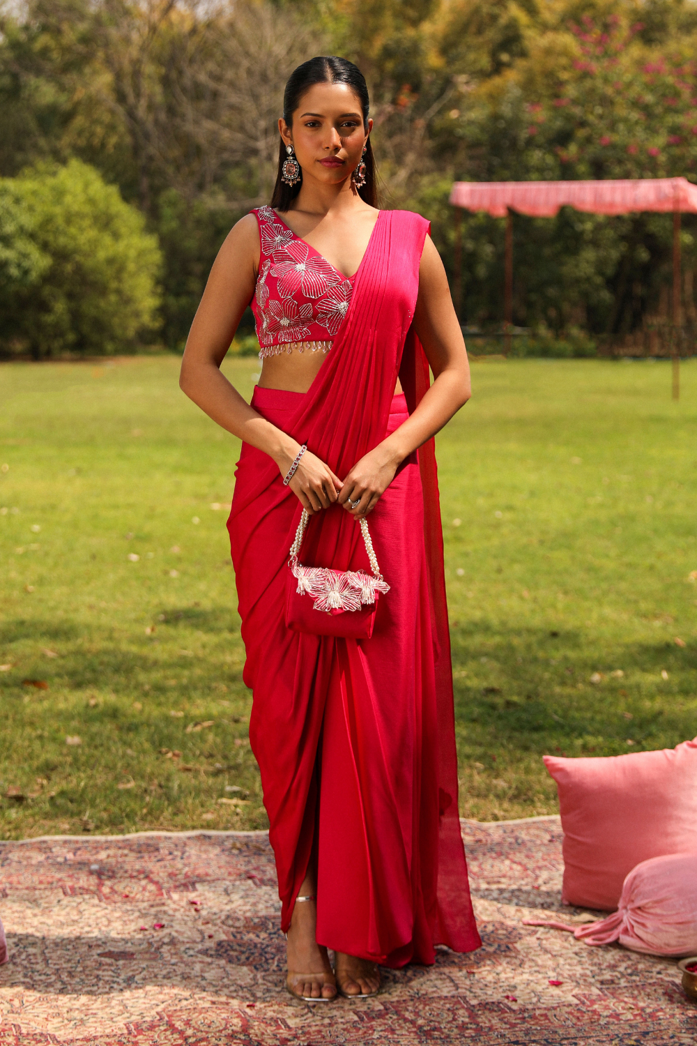 Rani Pink Piyari Drape Saree with Embellished Floral Blouse