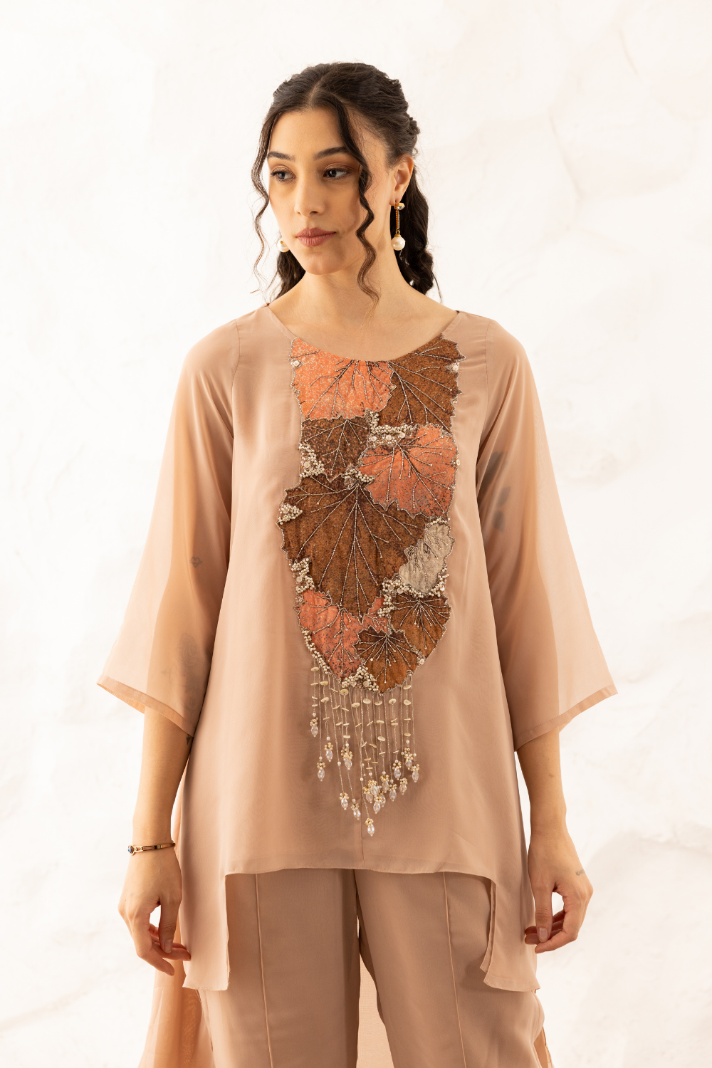 Kiara Co-ord Set – Nude Georgette Ensemble with Crystal Applique